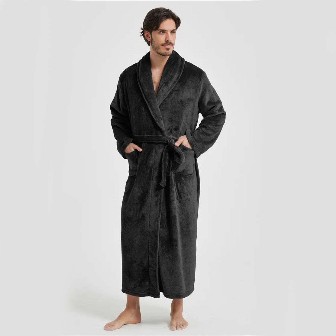 Men's Flannel Bathrobe Black M Size - Soft Coral Fleece Hooded Kimono Collar Dressing Gown Loose Fit Warm Comfortable Loungewear Home Spa Easy Care Machine — image 5
