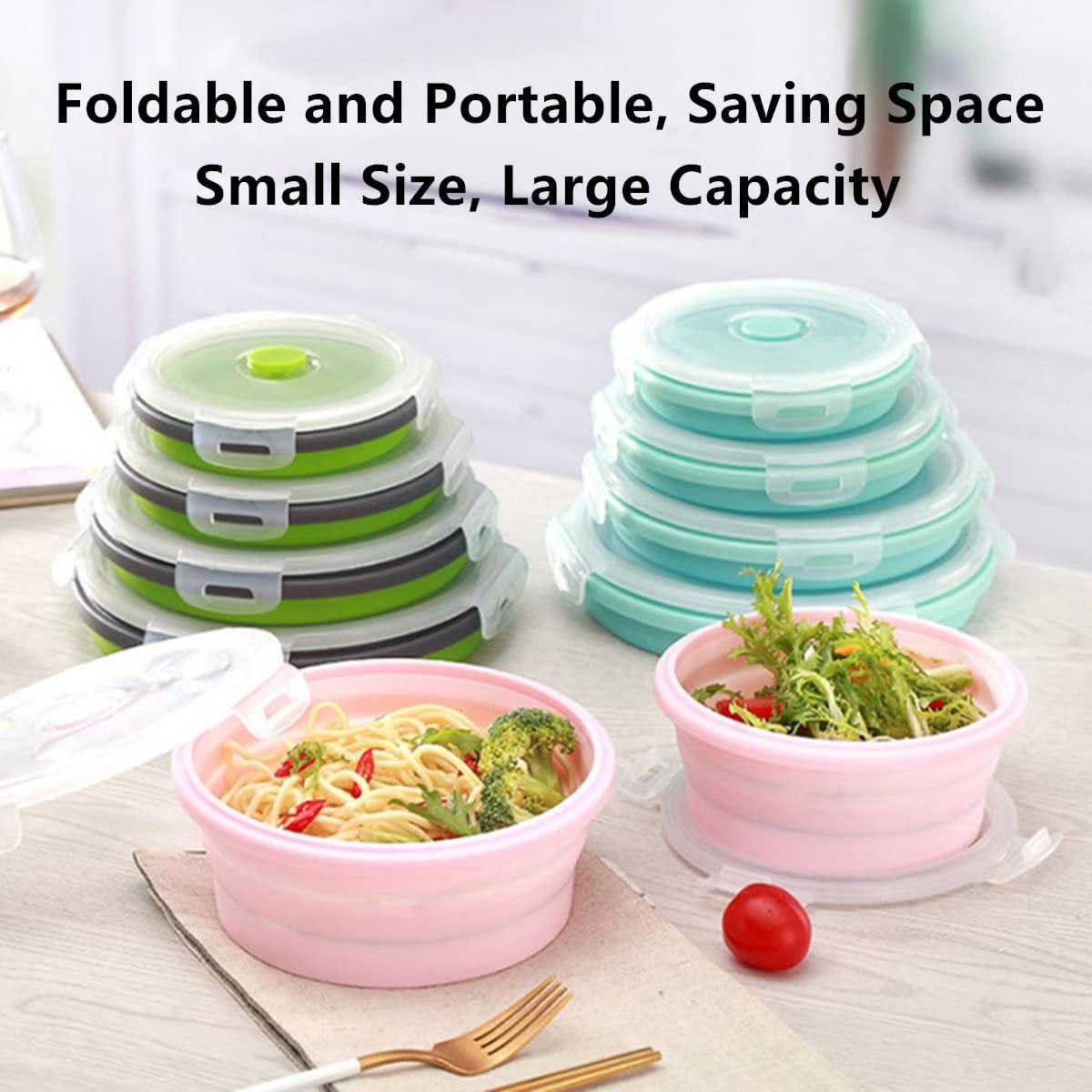 4-Piece Food Storage Container Set - Lunch Box - Collapsible Food Container - Round Silicone Lunch Box - For Camping Kitchens - BPA-Free - Green — image 6