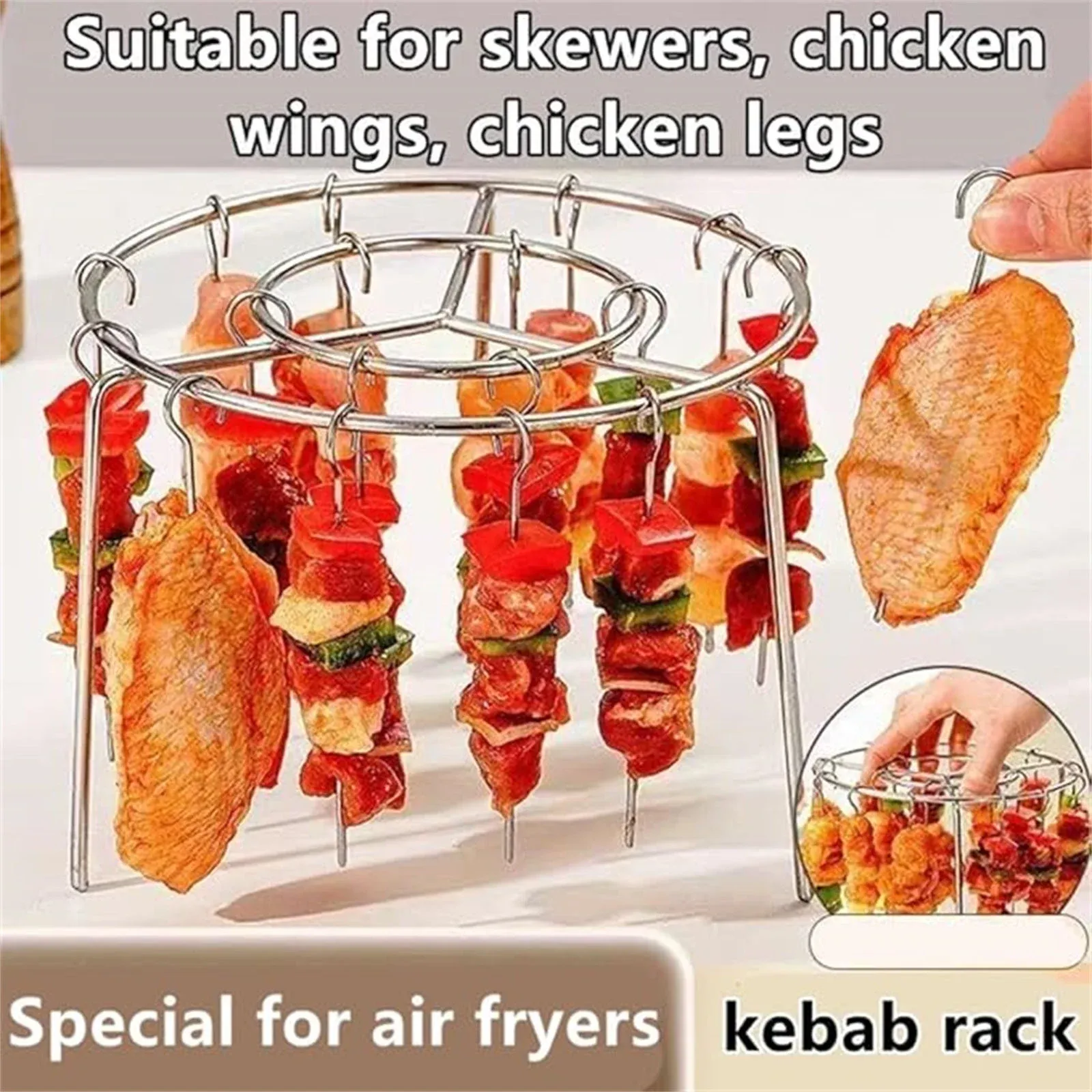 Stainless Steel Vertical Air Fryer Rack, Barbecue Grill Stand with Skewers for Oven Cooking, Kabob, Meat and Vegetable Roasting — image 6