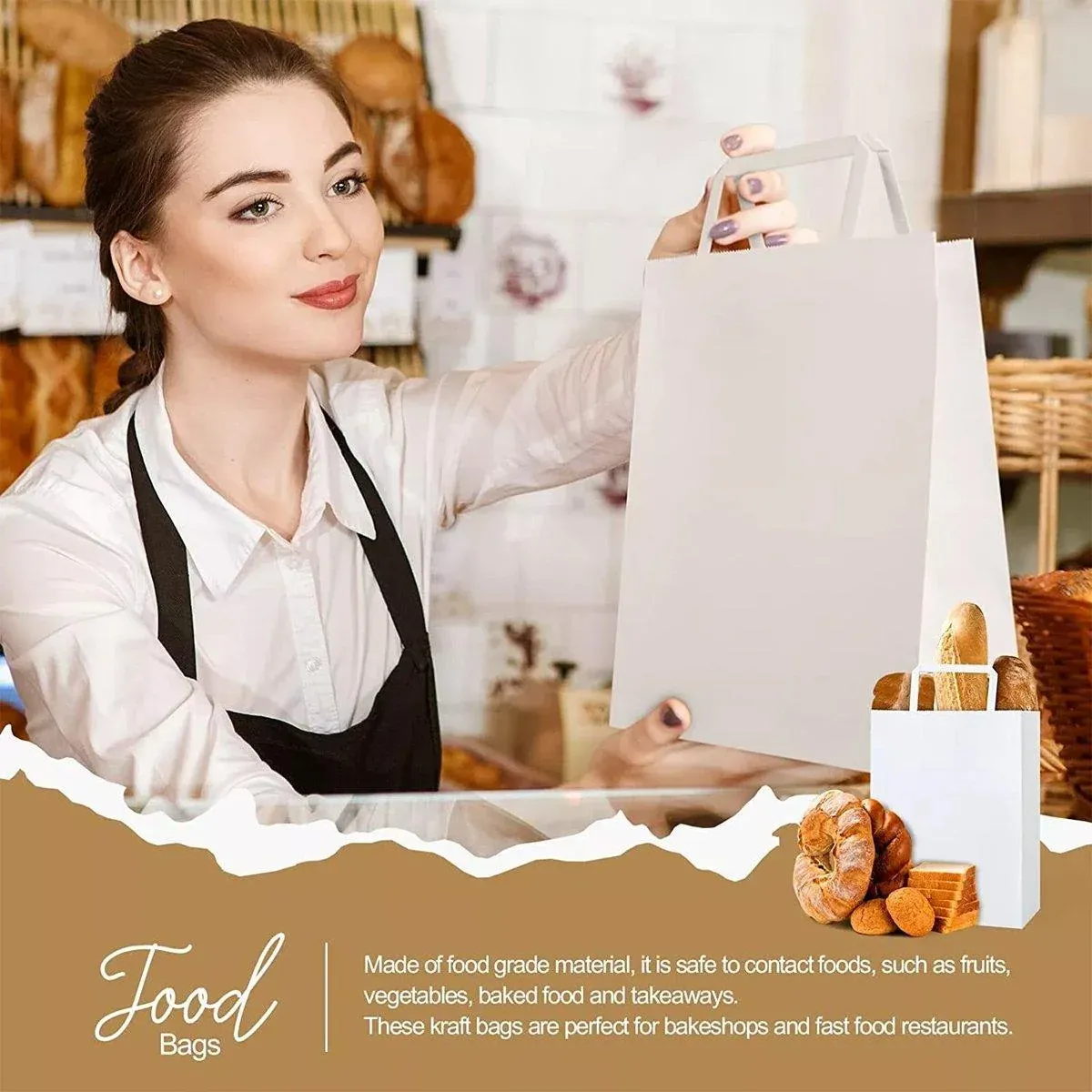 50pcs White Kraft Paper Tote Bags Gift Bags for Packaging Shopping and Storage β image 6