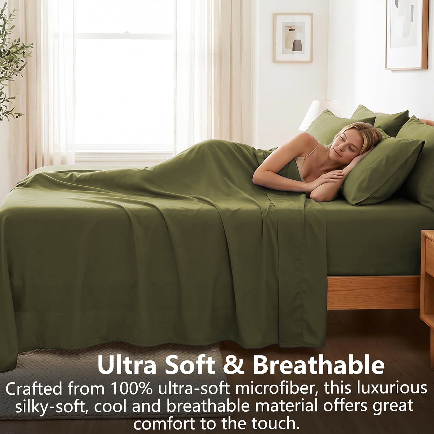 Hotel Soft Bed Sheet Set- Bedding Sheets & Pillowcases -Breathable Bedding - Wrinkle, Fade, Stain Resistant-Deep Pocket Flat Fitted Bed Sheet Set(Olive — image 4