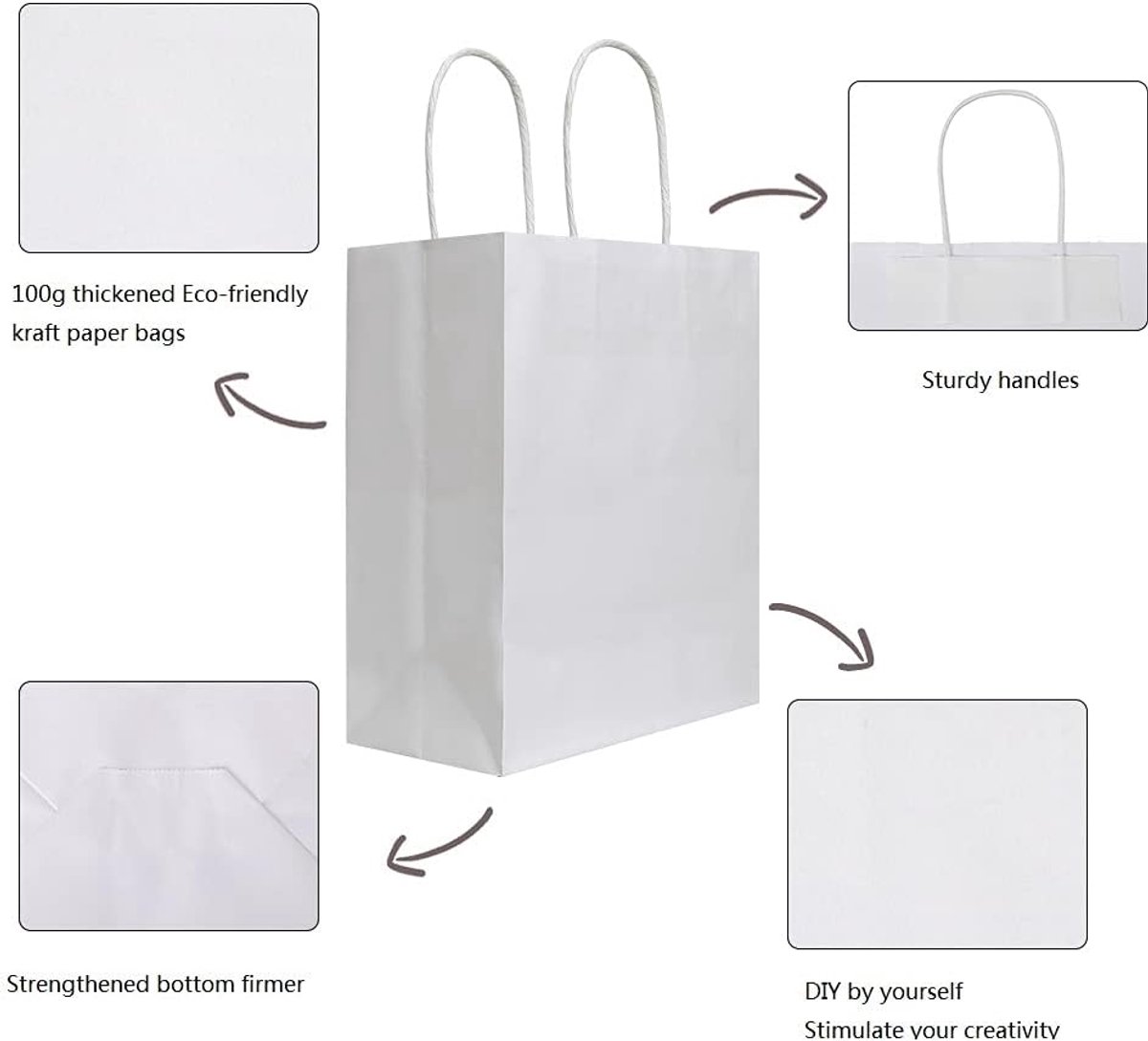 Pack of 20 - Size 21*11*27cm, Medium White Kraft Paper Bags with Handles - Gift Bags, Craft Bags, Shopping Bags, Birthday Gift Bags, Wedding Bags, Business — image 2