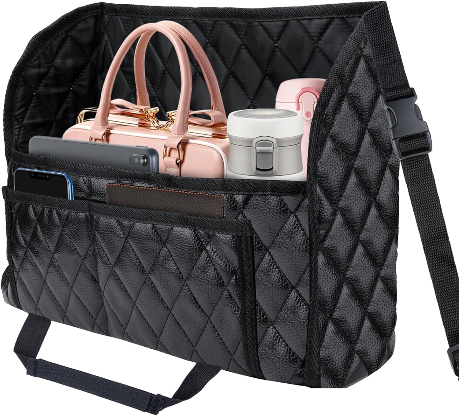 Car Purse Holder Between Seats, Leather Auto Front Seat Handbag Organizer Pocket, Large Capacity Car Net Pocket Handbag Holder, Backseat Barrier Storage Bag