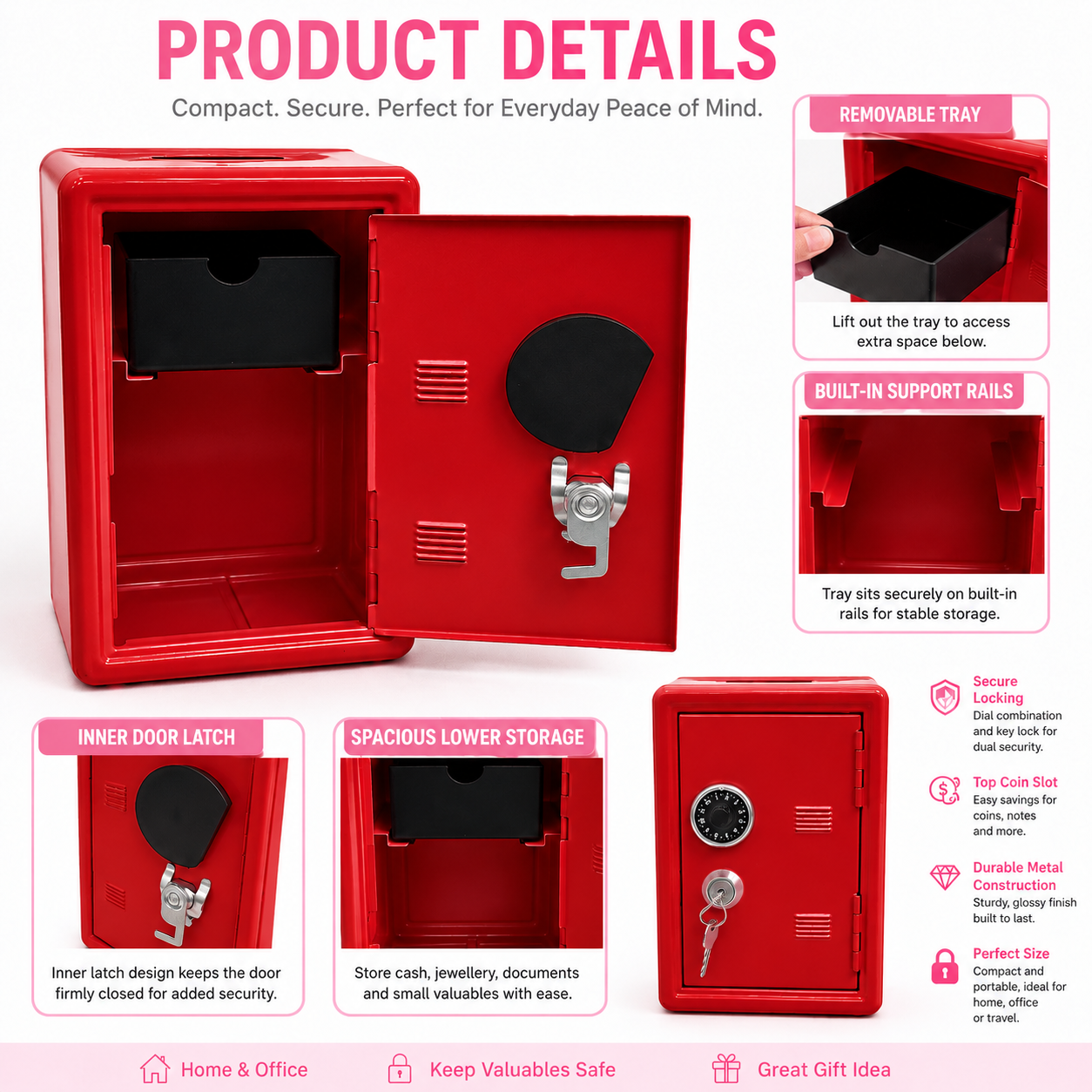 Lockable Metal Money Box, Cash & Coin Storage Box with Key Lock, Compact Piggy Bank For Kids & Adults, Office & Small Valuables-Red — image 4