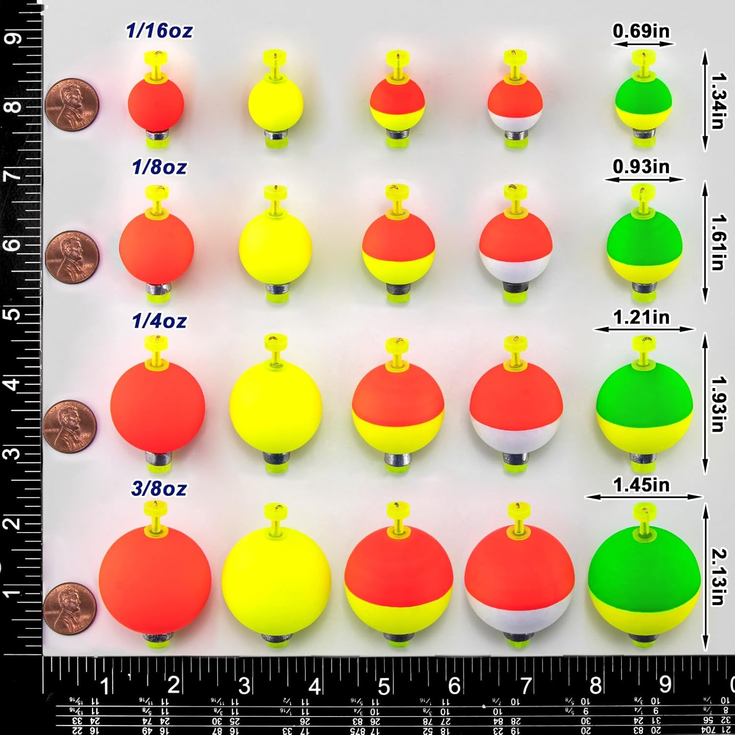 15-Pack Fishing Bobbers Floats, Weighted for Ball EVA Foam Snap-on Floats Corks Floaters Buoys Crappie Bass Panfish Bluegills Trout #S-0.93in-1/8oz โ image 2
