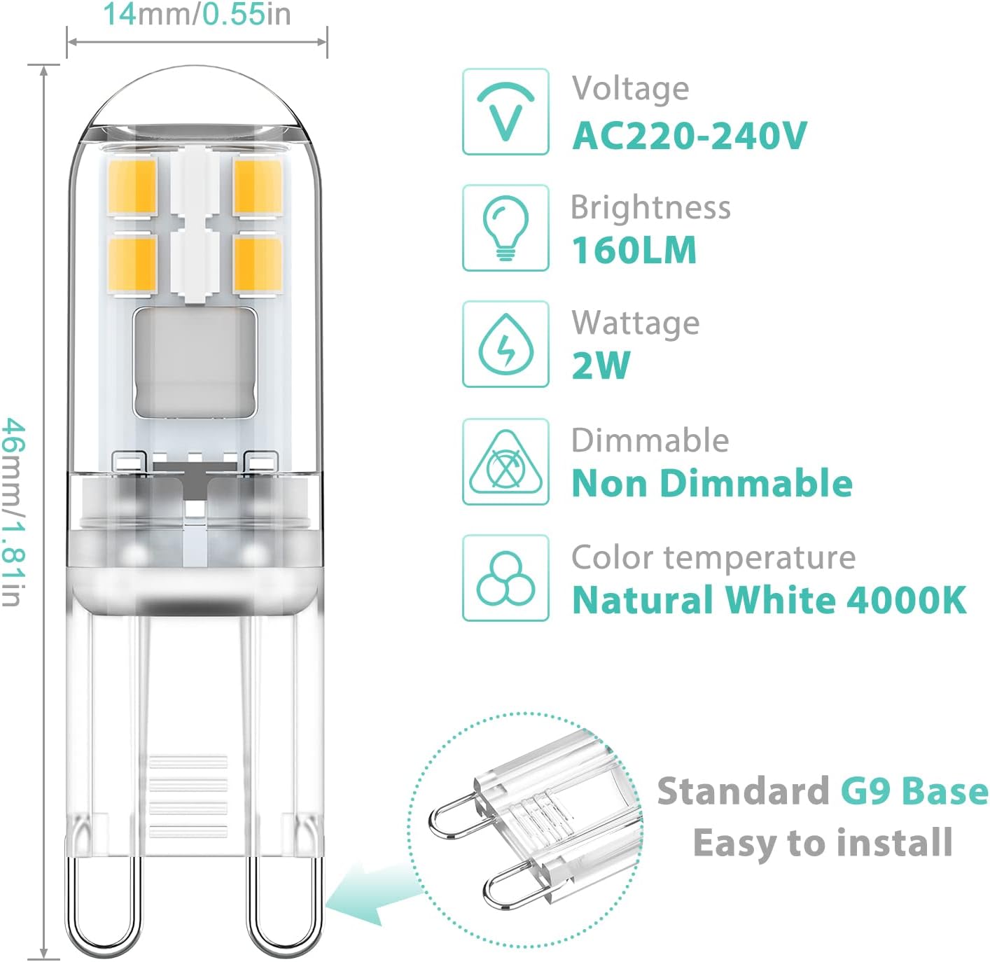 G9 LED bulbs 1.5W equivalent to 20W halogen natural white light 4000K, AC 220-240V, non-dimmable, mini bulb, flicker-free, 6-pack_MGF — image 2