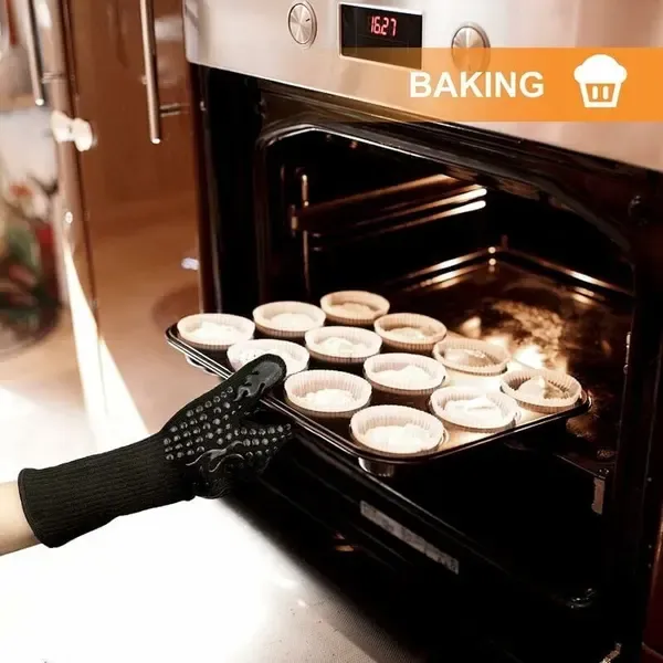 1 Pair Heat Resistant Aramid BBQ Grill Gloves with Non-Slip Grip for Ovens, Kitchens, Camping and Outdoor Cooking, Black — image 5
