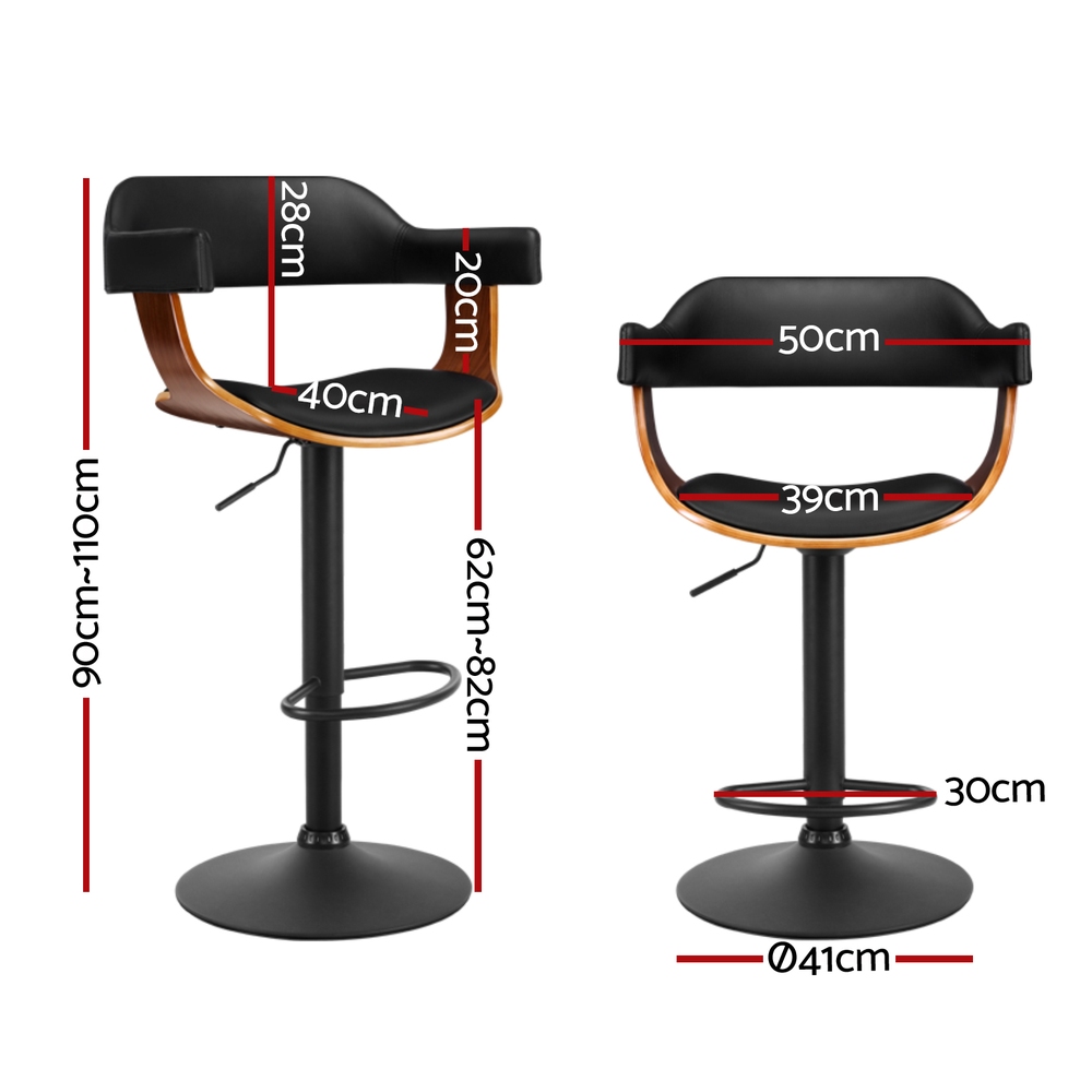 Artiss 4x Bar Stools Gas Lift Leather w/Armrest All Black — image 2