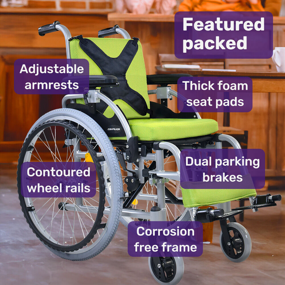 EQUIPMED Kids Premium Paediatric Wheelchair, Lightweight Aluminium, 22" Wheels, 75kg Rated, Green โ image 3