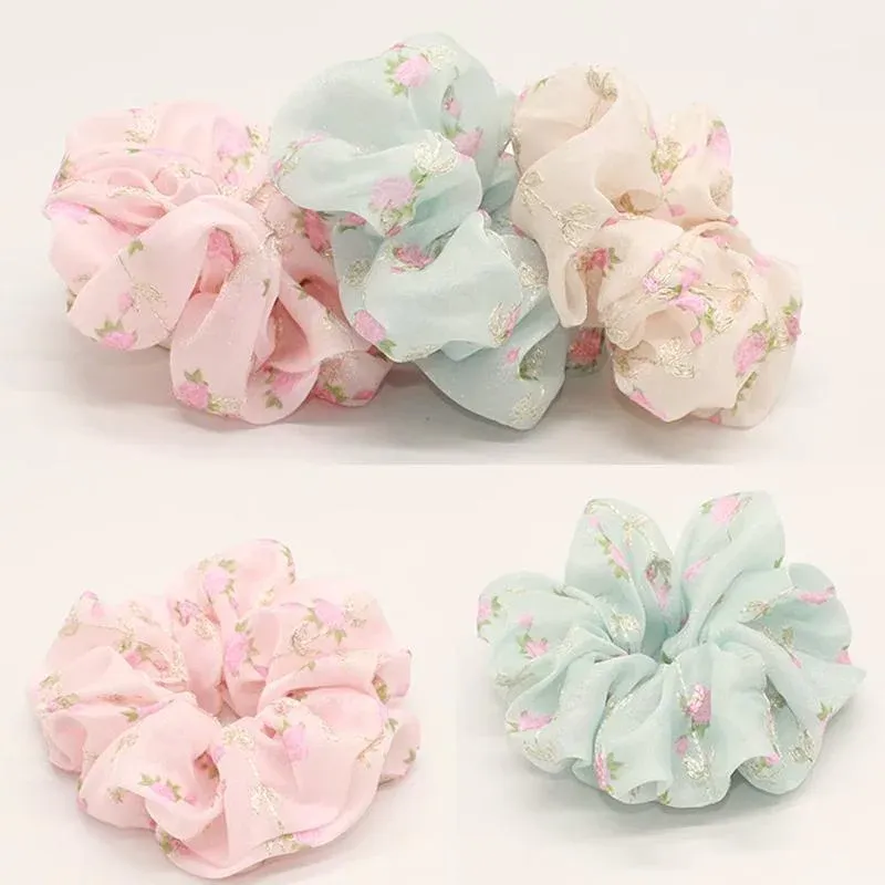 Flower Embroidery Mesh scrunchies Women romantic Cream Chiffon Hair Ponytail - Pink โ image 6