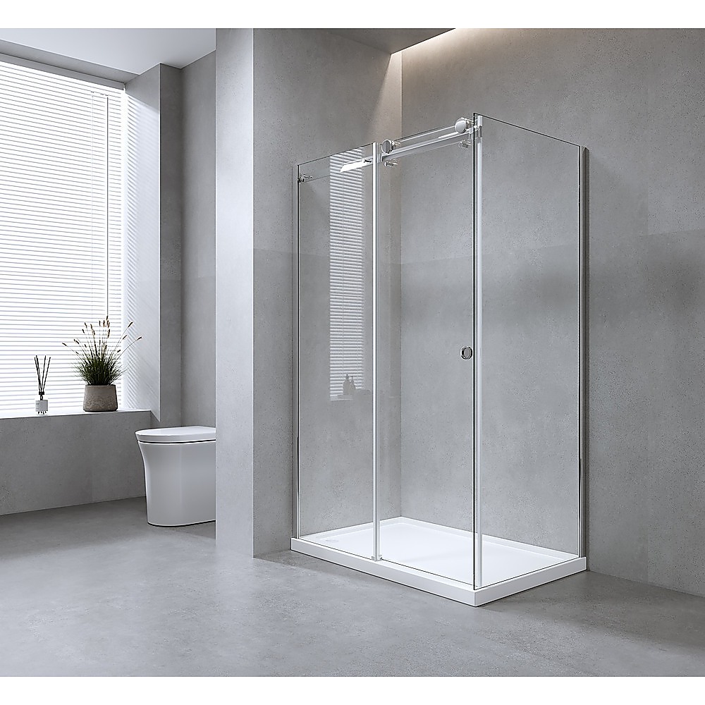 180x90cm Frameless Glass Sliding Corner Shower โ With Gunmetal Rail and U-Brackets for Contemporary Bathrooms โ image 2