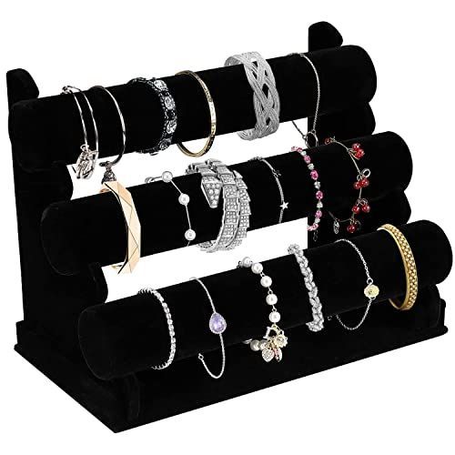 1Pack Velvet Bracelet Holder with 3 Tier Rack, Black Detachable Jewelry Display Stand T-Bar Necklace Storage Organizer for Bangles Watch Bracelets Scrunchies — image 4