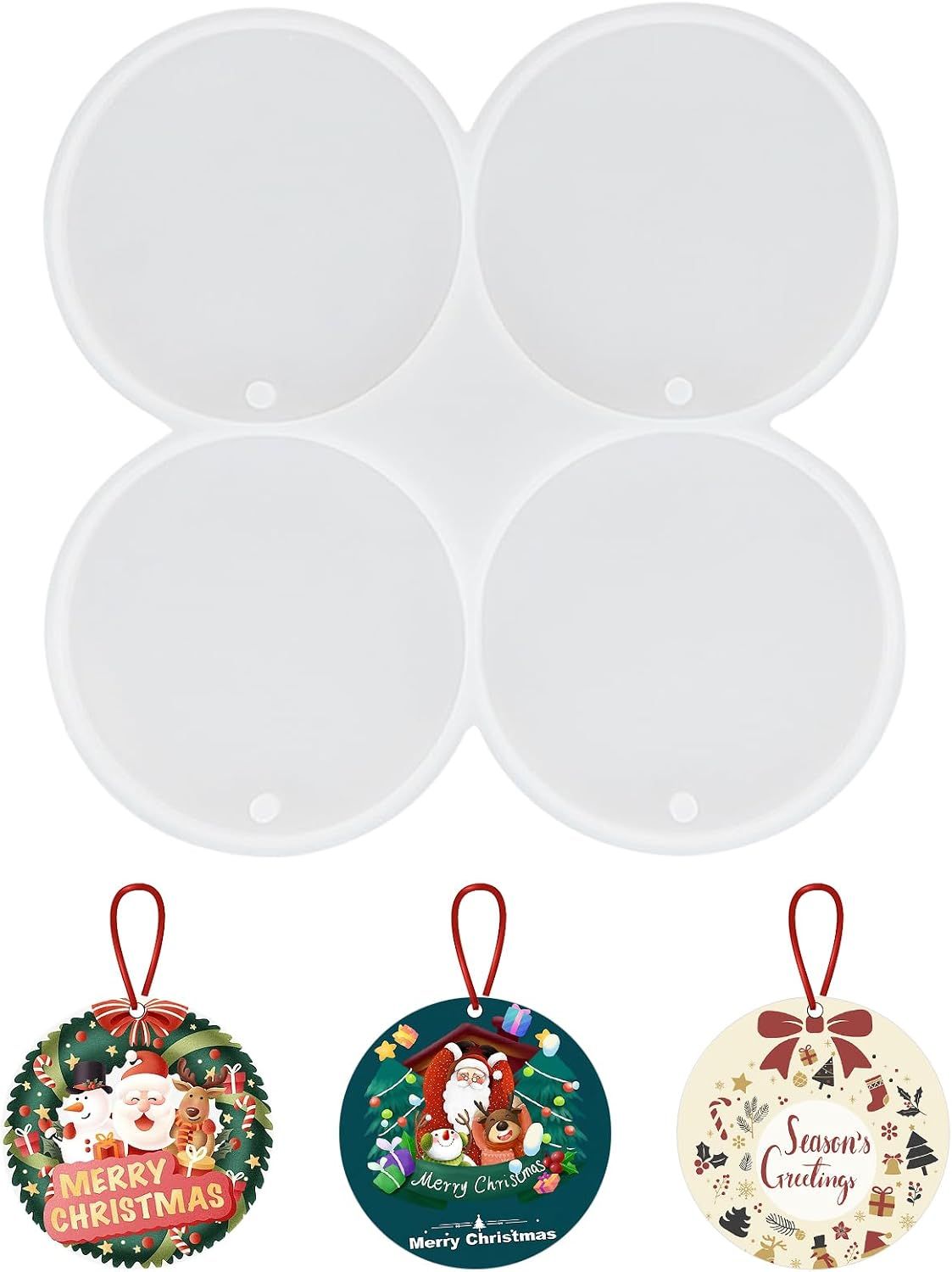 4-Cavity Christmas Ornaments Resin Molds with Hole, Reusable Epoxy Resin Round Molds for Crafting, Holiday Decorations and DIY Gifts