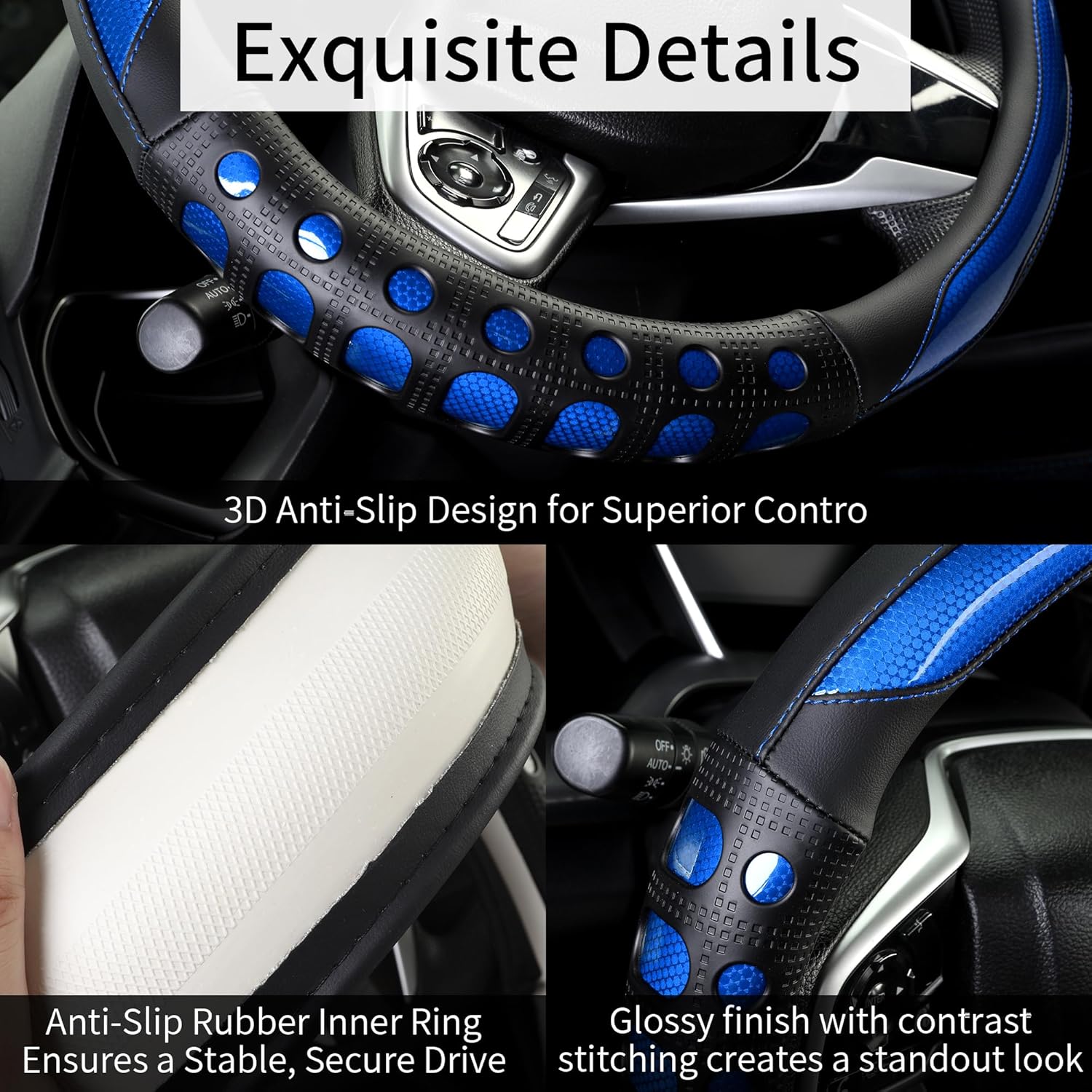 PU Leather Car Steering Wheel Cover with Non-Slip Grip, Suitable for Both Men and Women, Universal Fits 14.5-15 Inch Cars, Trucks, SUVs (Blue (Round), Medium — image 4