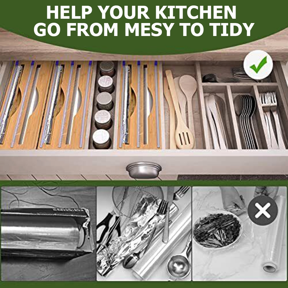 3 Grids Bamboo Food Wrap Dispenser Cutter Foil Cling Film Storage Holder Box Kitchen โ image 6