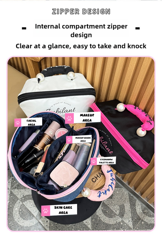 Denim Blue Portable Waterproof Color Block Makeup Bag with Pearl Handle, Large Capacity Cosmetic Storage Organizer for Travel and Daily Use — image 3