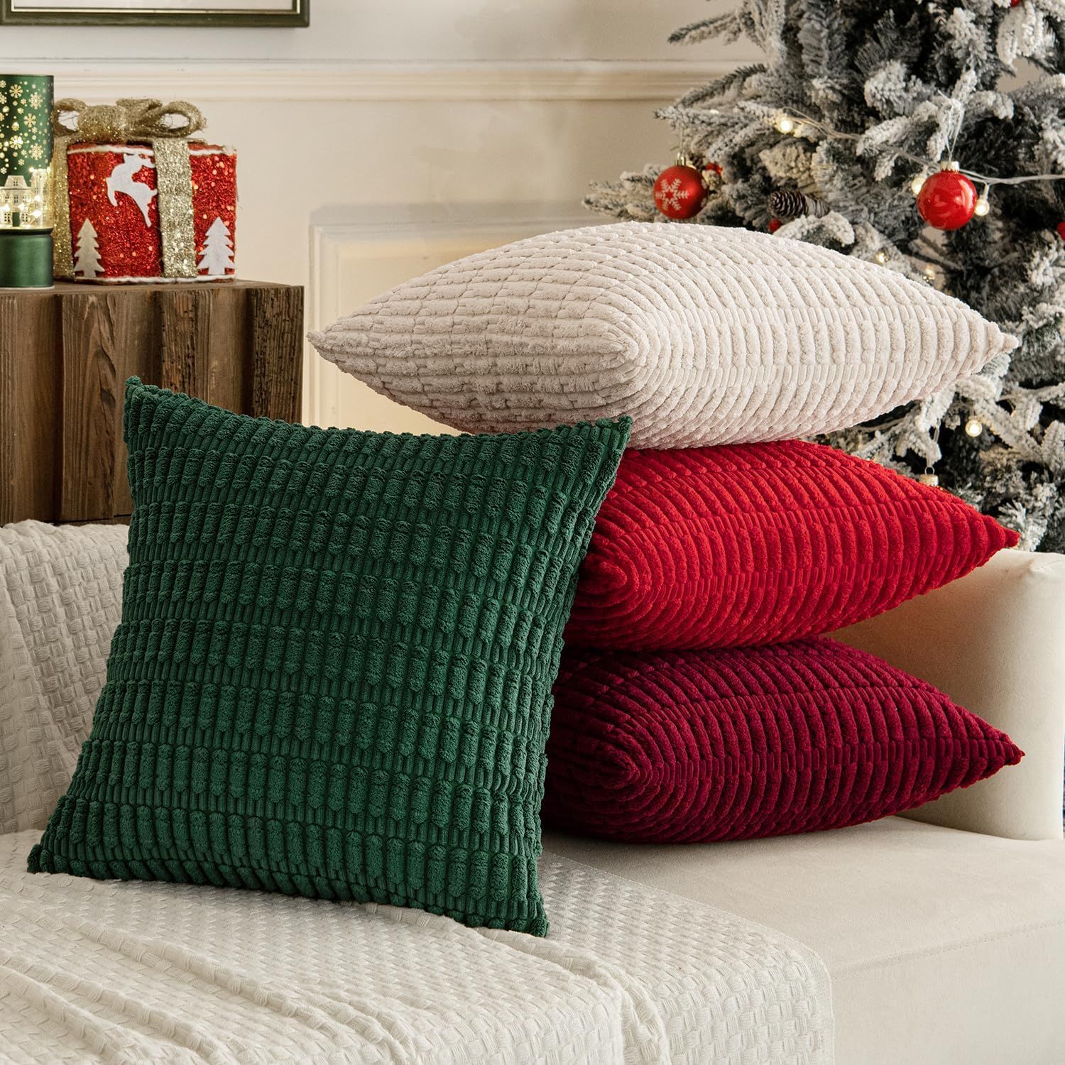 Pack of 4 Christmas Boho Farmhouse Red and Green Corduroy Decorative Throw Pillow Covers 18x18 Inch Retro Soft Striped Pillow Covers Home Decor for โ image 2