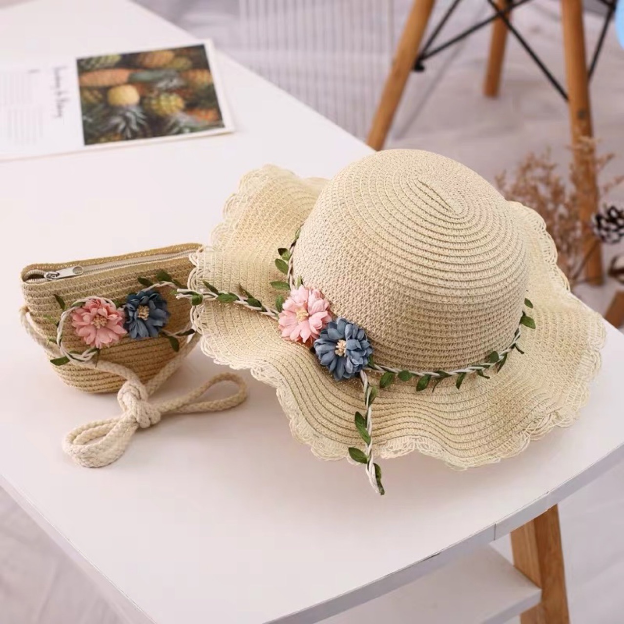 Beige Girls Summer Princess Straw Hat and Matching Purse Set - Breathable Floral Wide Brim Sun Protection Sun Hat