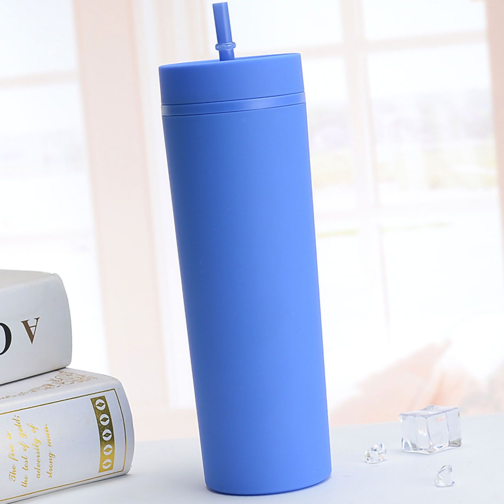 Straw Cup Colorful Plastic Simple Style Comfortable Hand Feeling Large Capacity Drinking Straw Bottle Blue 16oz — image 2