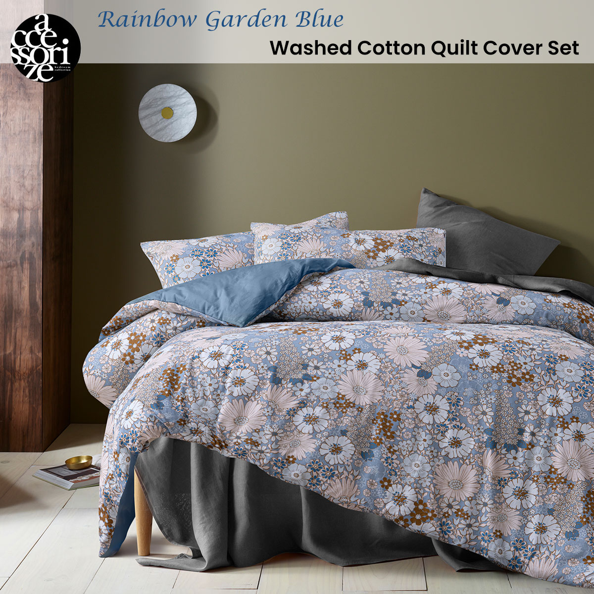 Accessorize Rainbow Garden Blue Washed Cotton Quilt Cover Set Single — image 2