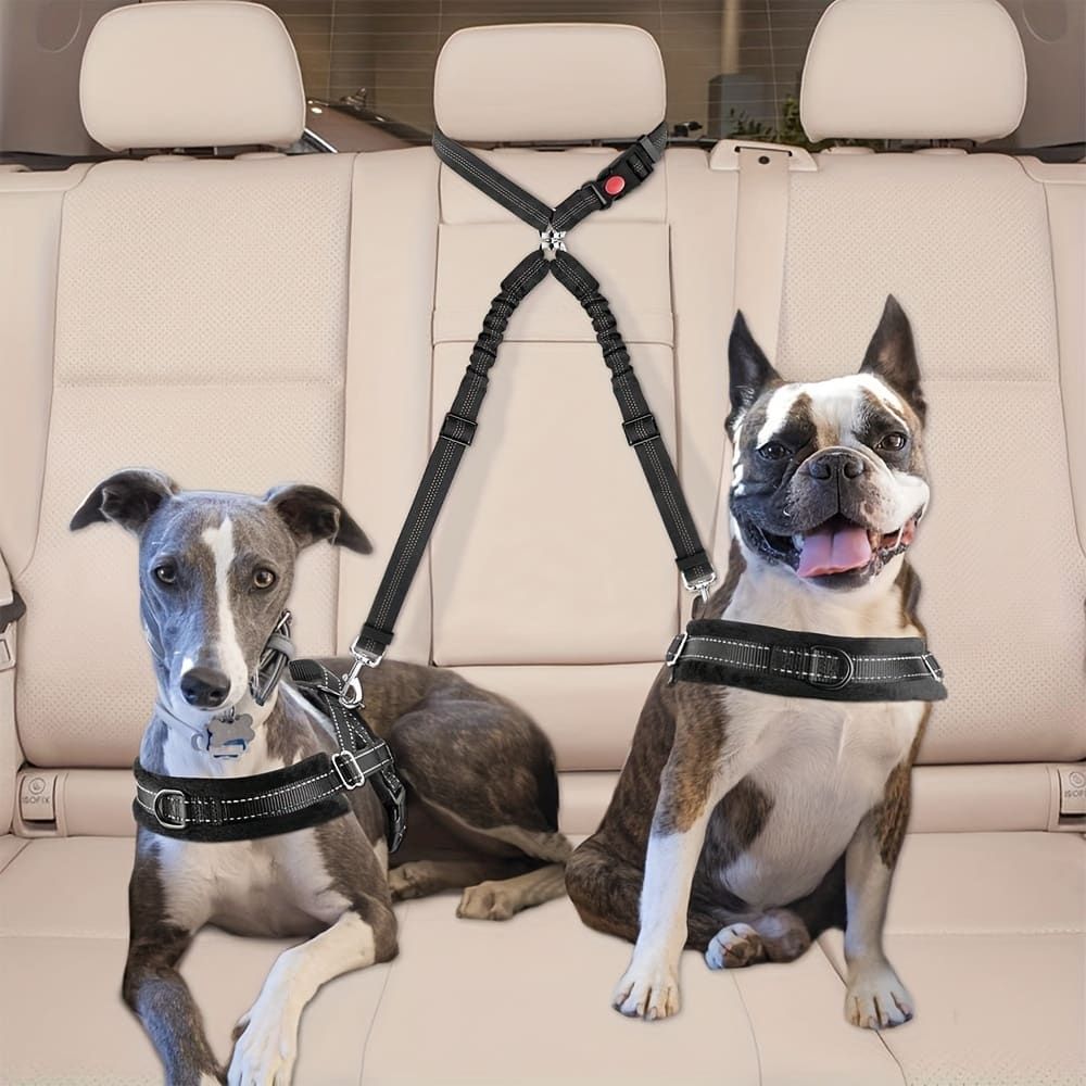 Dual-Head Pet Car Seat Belt with 360° Swivel Tangle-Free Leash for Two Dogs - Adjustable Safety Restraint for Car Travel and Outdoor Walking, Reflective Nylon — image 6