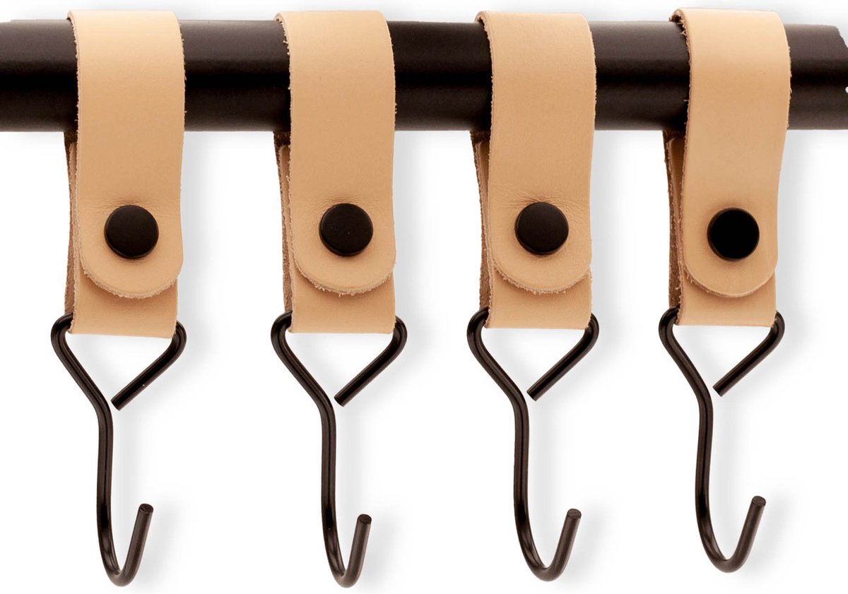 Brute Strength - Multifunctional Hook with Leather Loop - Cognac - 4 pieces - Coat Hook - Camping Hook - Leather - Hanging Hooks - Towel Hooks