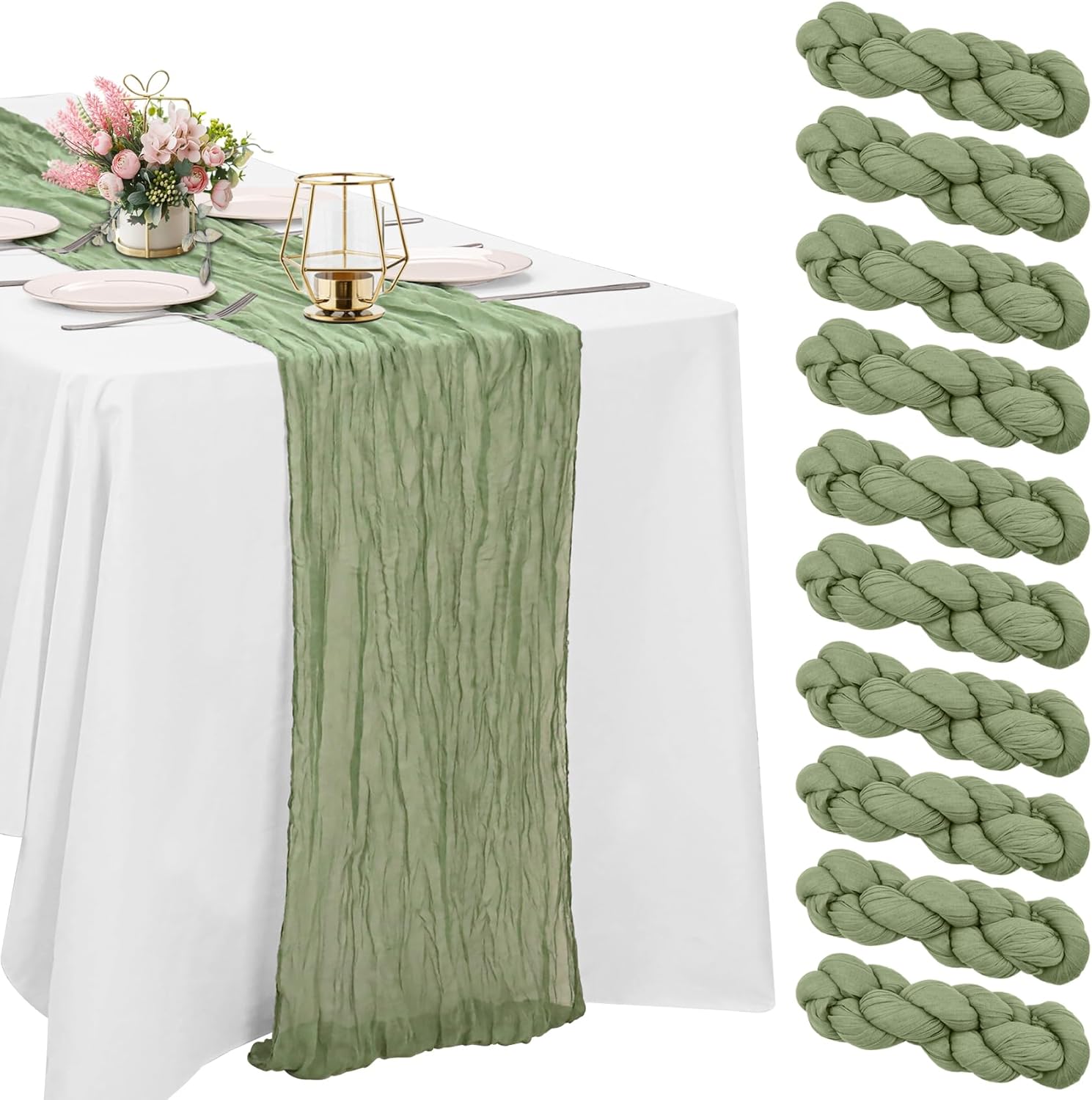 10 Pack Sage Green Cheesecloth Table Runner 10FT Boho Gauze Fabric Table Runner Vintage Rustic Sheer Runners for Wedding Party Bridal Baby Shower Long Table