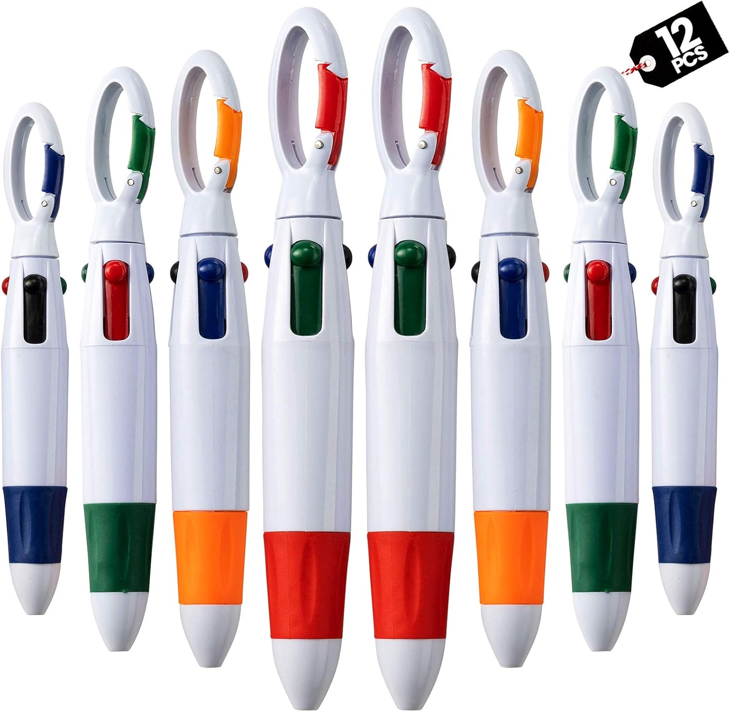 Retractable Shuttle Pens with Carabiner Clip - Pack of 12 Bulk Mini 4-in-1 Multi-Colored Ink Ballpoint Pens with Keychain for Adults, Kids, Nurses, School