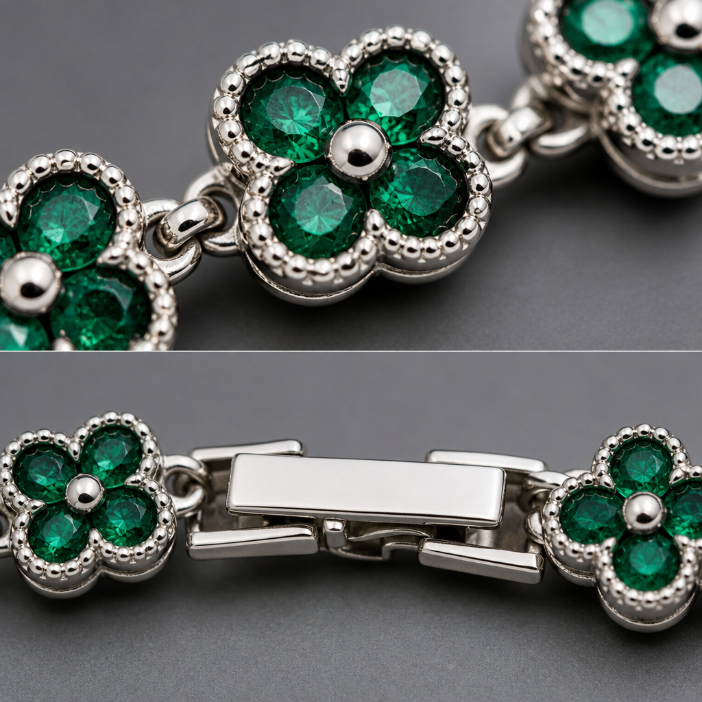 Silver and Green Four-Leaf Clover Zircon Bracelet - Gold-Tone Alloy Lucky Charm Wristband with Full Crystal Pave, 22cm Elegant Fashion Jewellery for Women — image 4