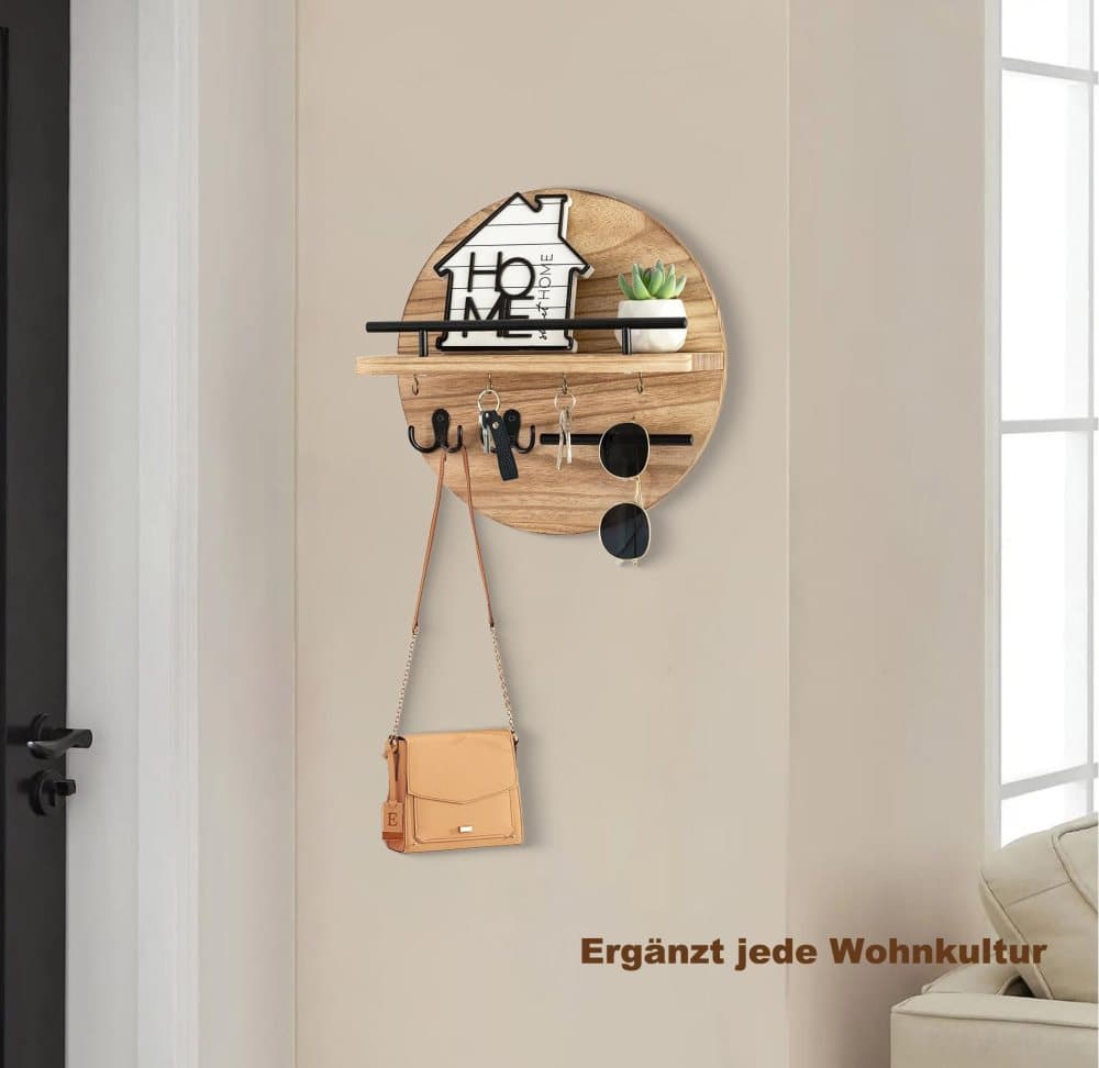 Wooden Key Holder with Storage Tray and Hooks for Hallway Corridor Bedroom Office, Light Brown — image 3