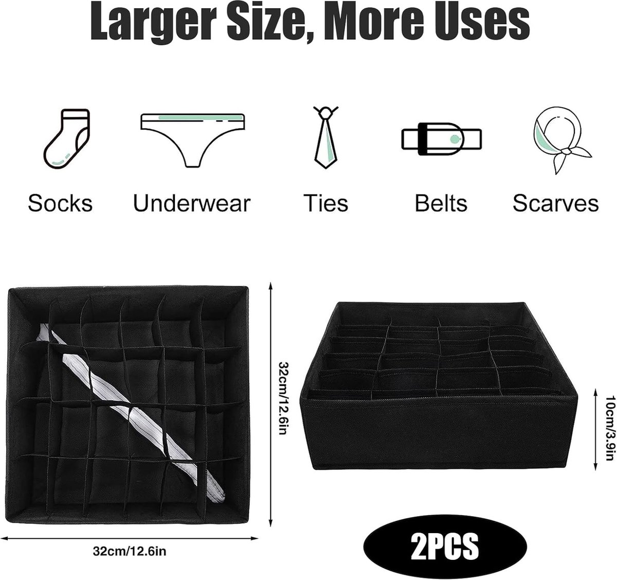 Underwear Storage Boxes - 2 Pieces - 24 Compartments - Drawer Organizer - Bra Organizer - Sock Organizer - Collapsible Storage Box - Underwear Divider - For — image 5