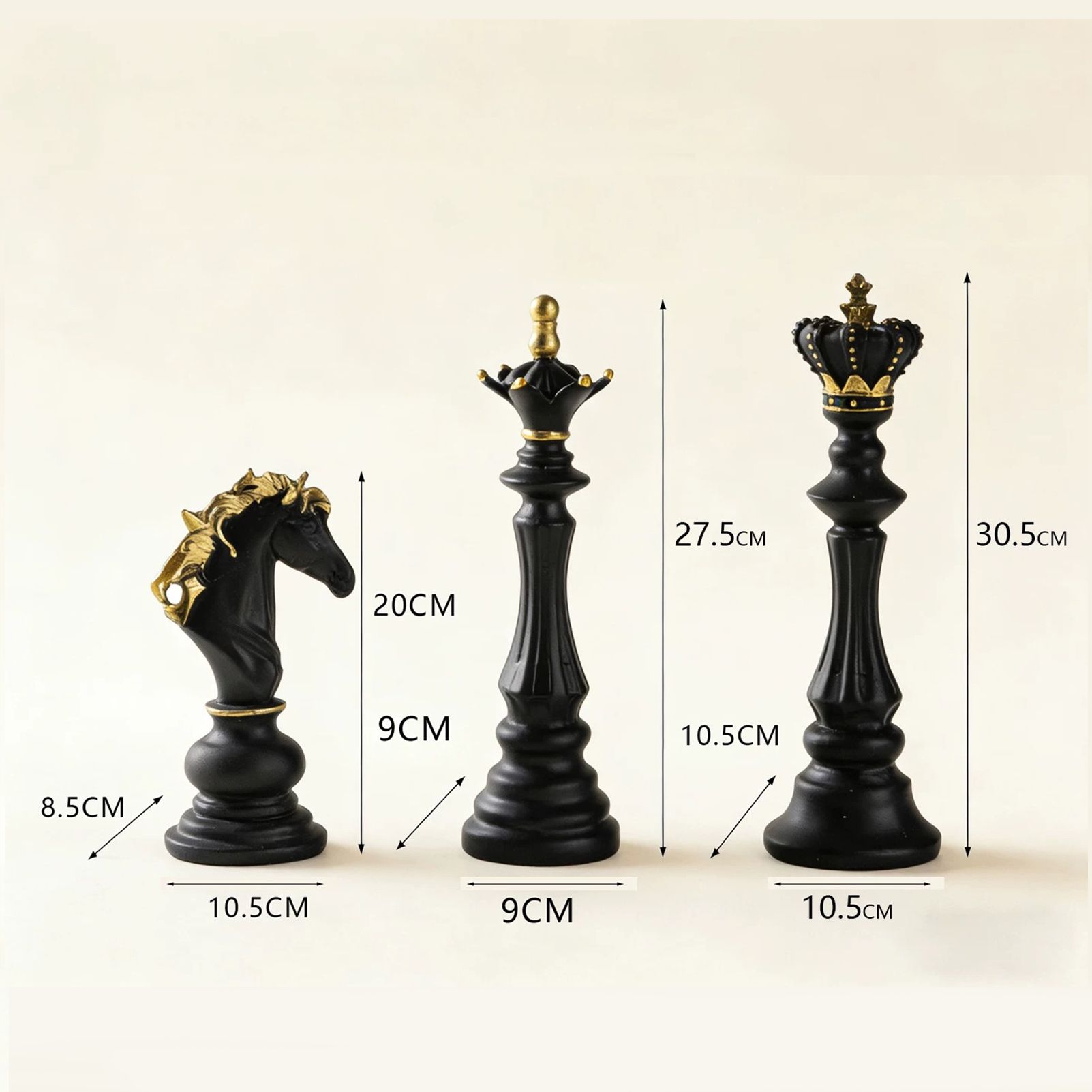 Luxury Resin Chess Piece Statues Set of 3 - King, Queen & Knight Horse Head Sculptures with Gold Trim - Classic Strategy Game Art Decor for Living Room, Study — image 2