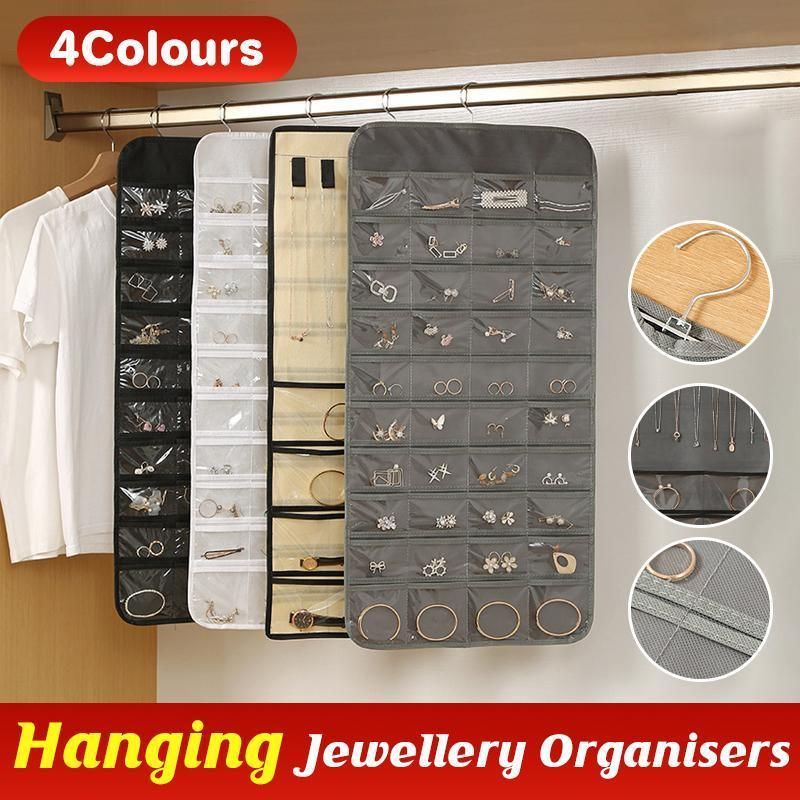 80 Pockets Jewelry Hanging Storage Organizer Holder Earring Display Pouch Bag - Beige — image 2