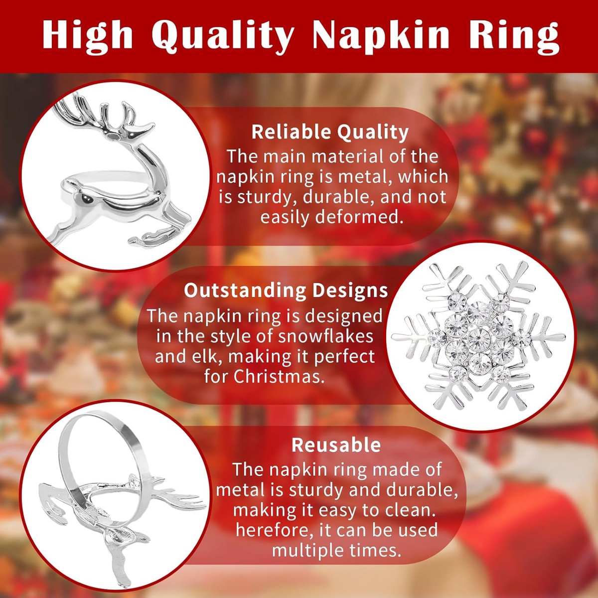 Napkin Rings for Christmas - 12 Pieces - Moose & Snowflakes - Silver Napkin Ring - Napkin Rings Table Decoration - Napkin Rings for Christmas, Thanksgiving — image 5
