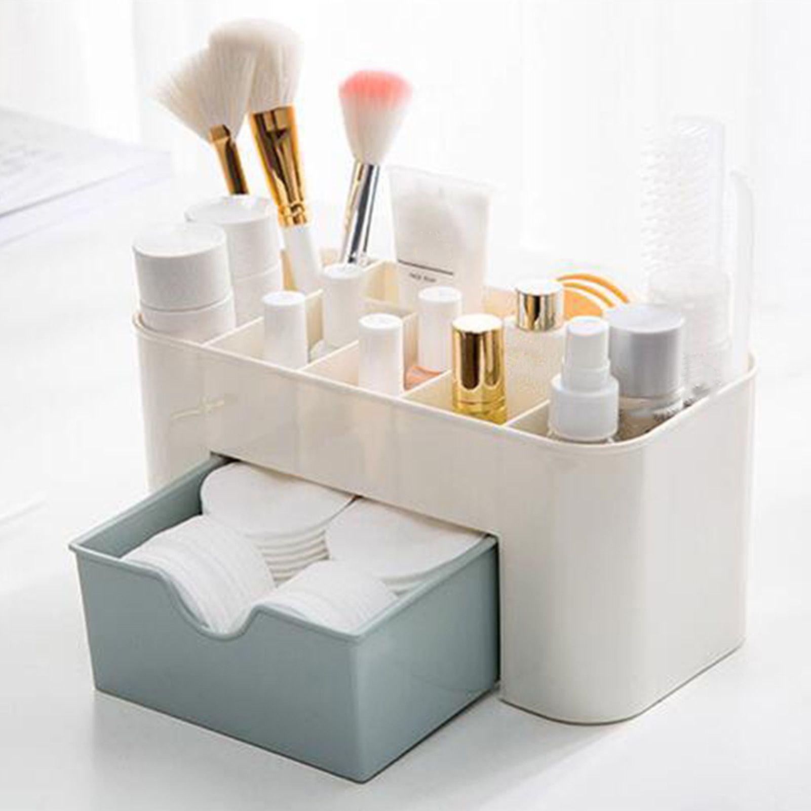 Cosmetics Makeup Organizer PP Multifunctional 6 Compartments Makeup Desk Organizer with Drawer Blue โ image 5