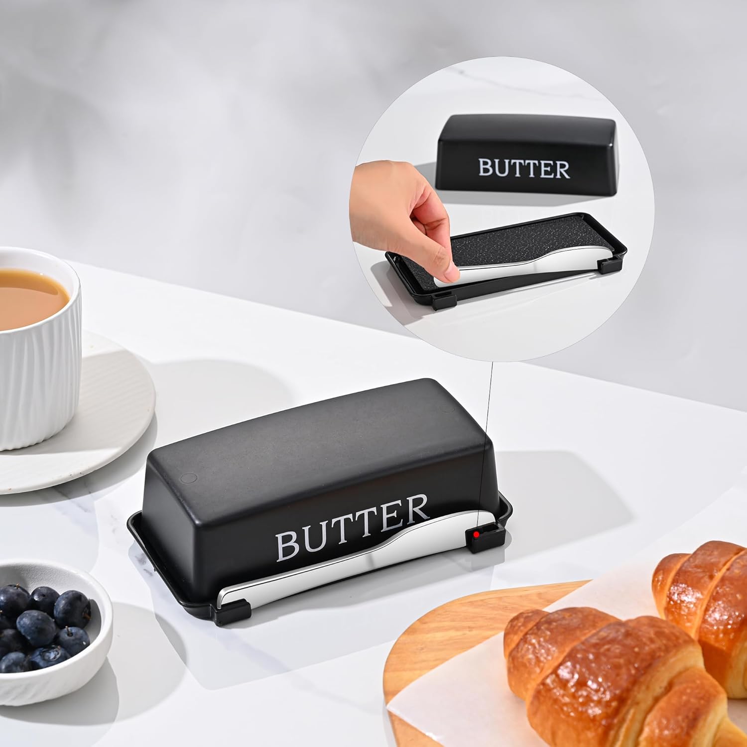 Butter Dish With Cover And Knife,Food Grade Plastic Butter Holder With Lid For Countertop,Black Dishwasher Safe Butter Storage Container — image 3