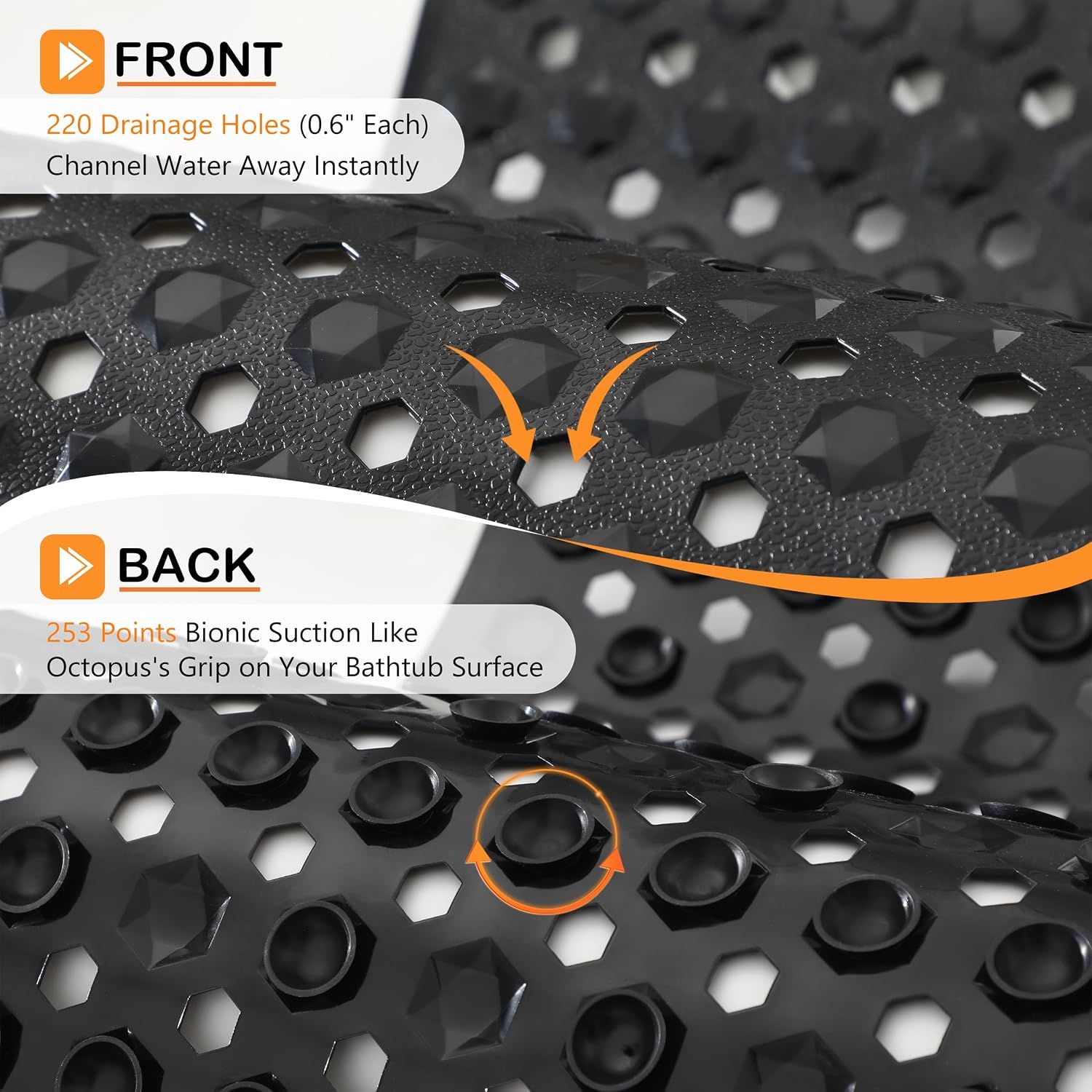 Non-Slip Bathtub Mat with Drain Holes and Strong Suction Cups, Machine-Washable Shower Mat for Inside Tubs, Black, 87.6 × 39 cm — image 2