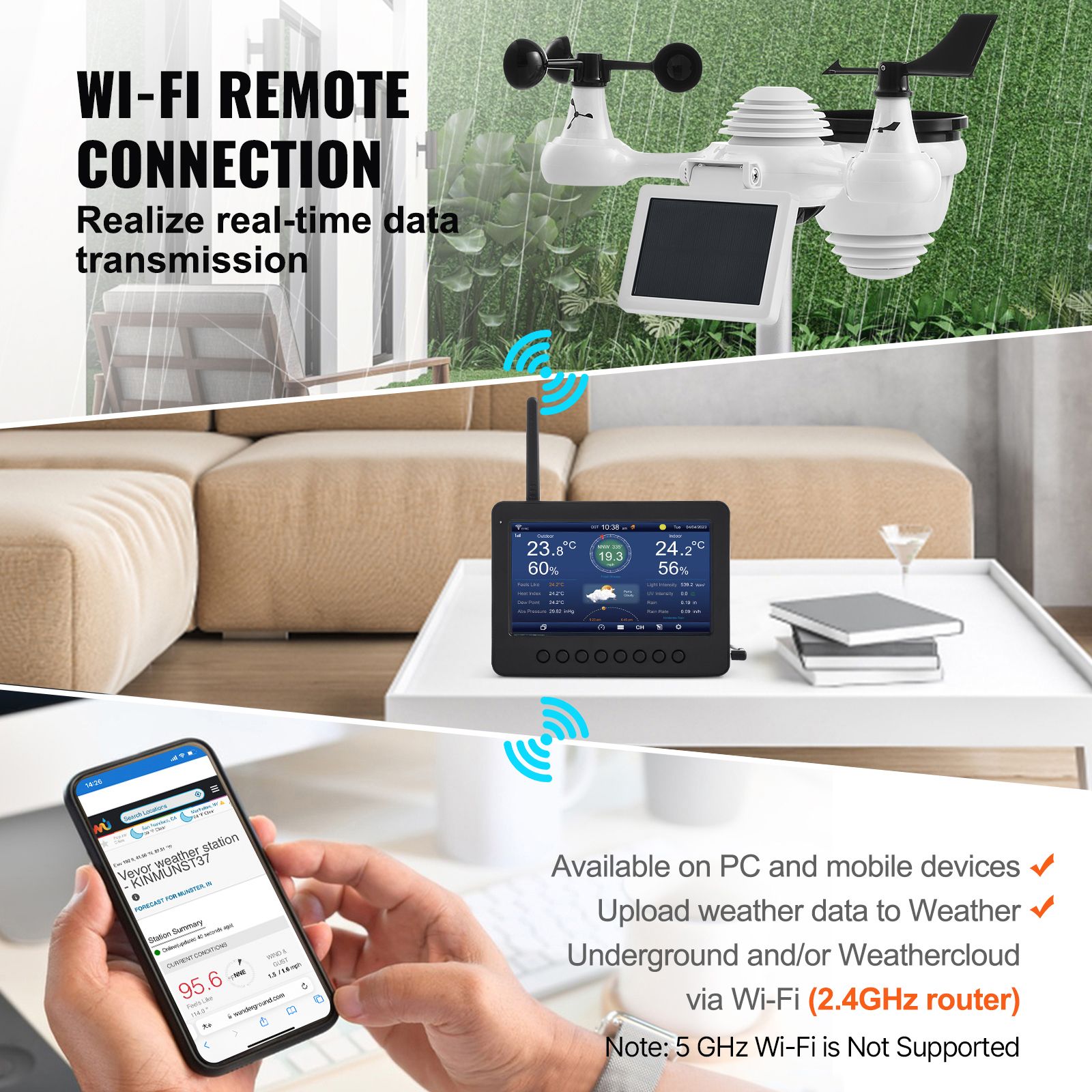 7-in-1 Wi-Fi Weather Station 177.8 mm TFT Display Wireless Outdoor Sensor — image 3