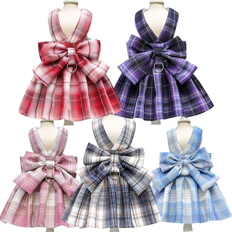 Plaid Pet Dog Cat Vest Harness with Skirt 273 vest traction navy blue S (recommended 1.50 kg-2.50 kg pets) โ image 3
