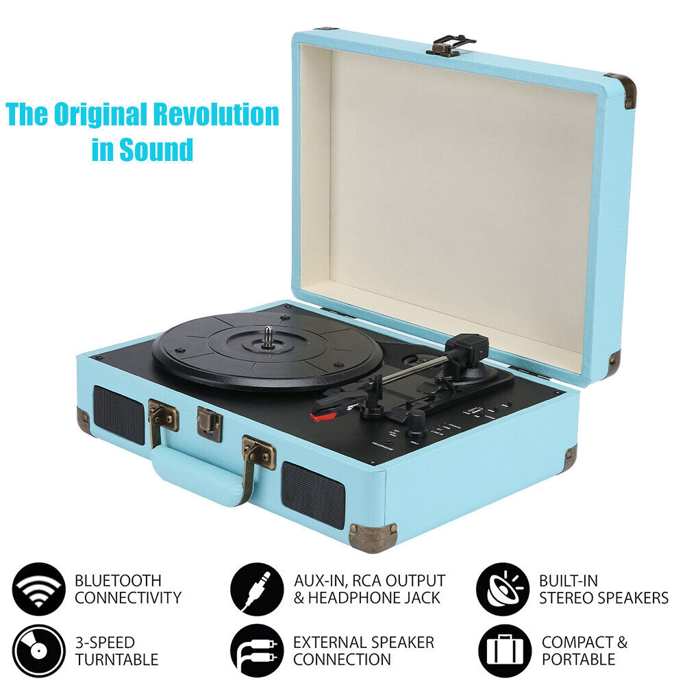 Blue Retro Briefcase Vinyl Record Player Suitcase 3 Speed Turntable Stereo Christmas — image 2