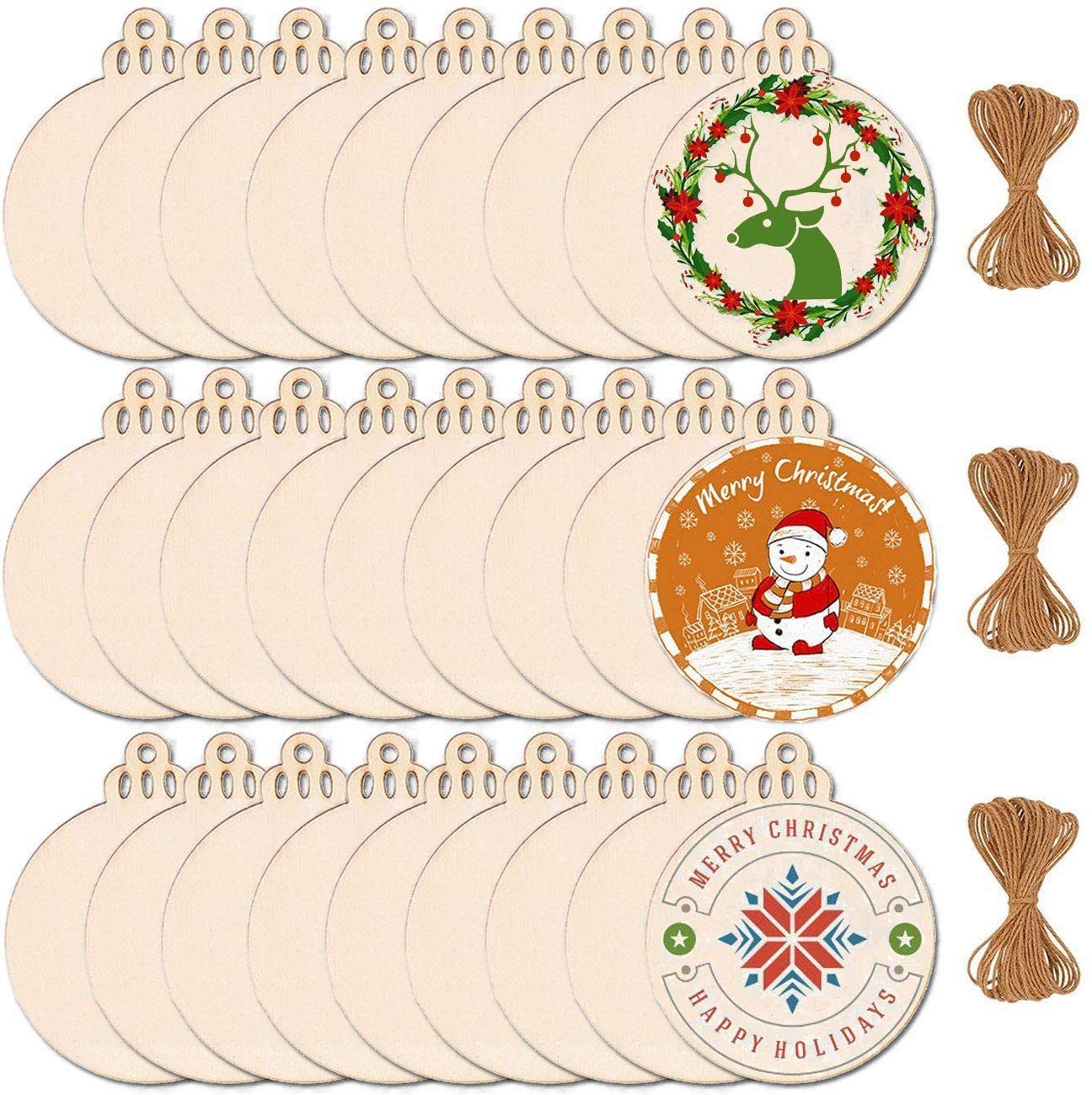 Christmas Tree Wood Slice Ornament - 100-Pack Natural Wooden Hanging Decor for Xmas Tree Holiday Party - Rustic Craft Gift with Jute Rope — image 4