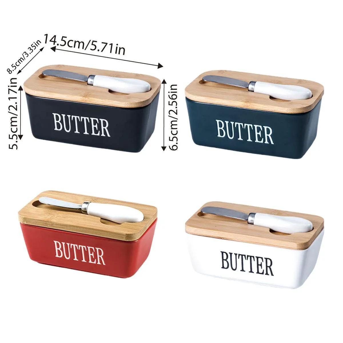 Butter Box with Knife Rectangular Cheese Container with Wooden Lid for Kitchen - Blue β image 4