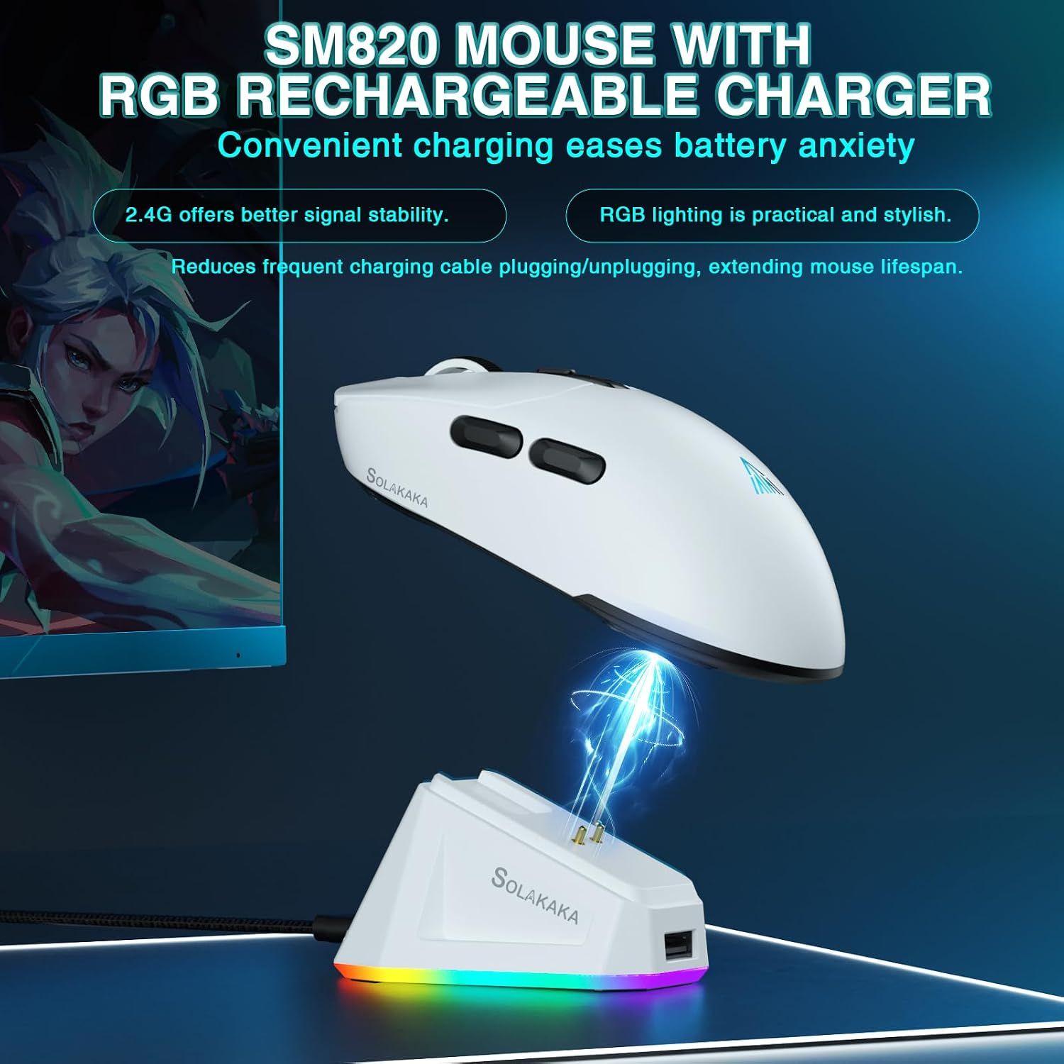 SOLAKAKA SM820 Wireless Gaming Mouse with RGB Charging Dock, 24000 DPI Tri-Modes Wireless Mouse,white — image 3