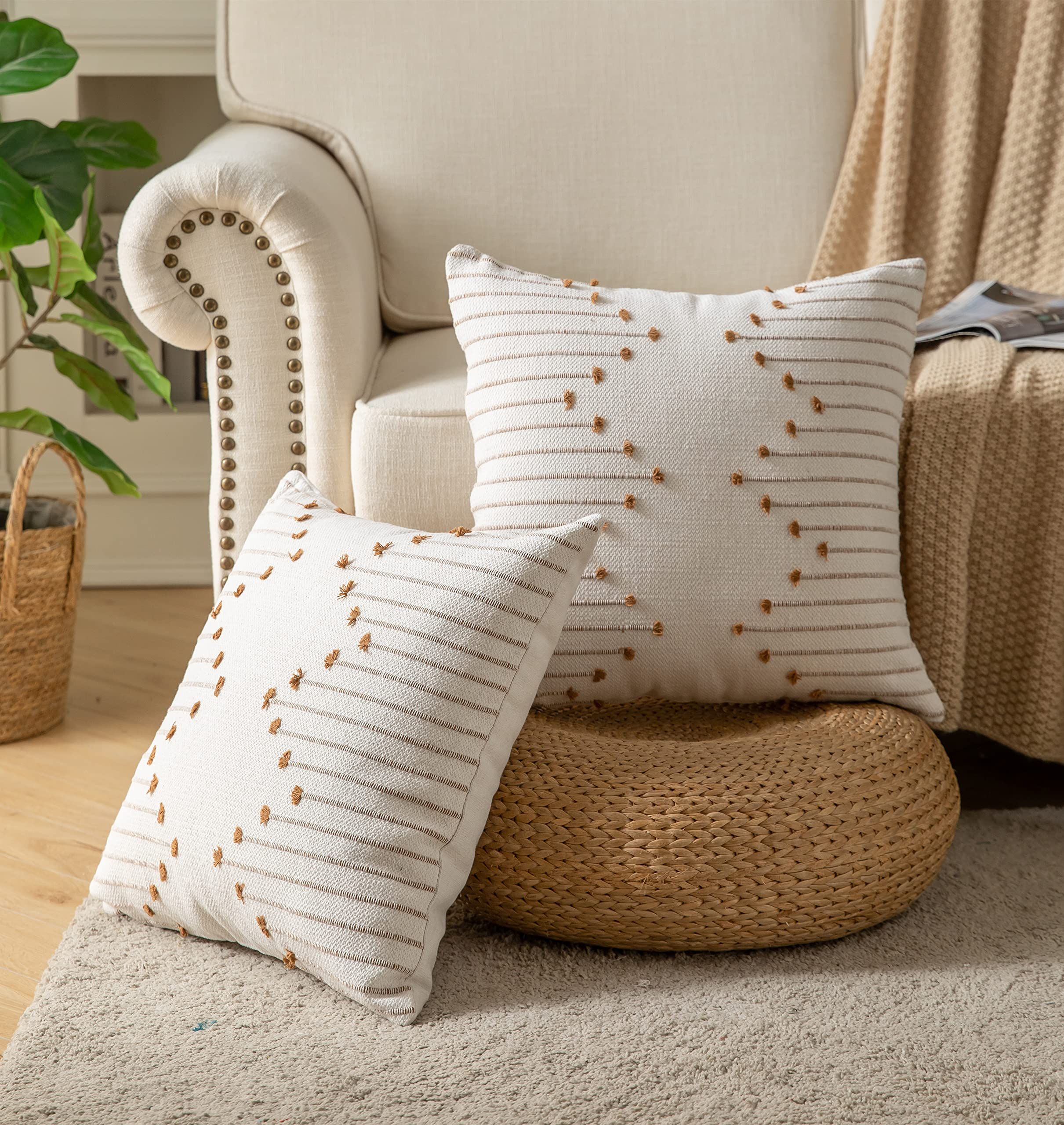 2pcs Throw Pillow Covers 18 × 18 Set of 2 Neutral Decorative Textured Cushion Case Farmhouse Pillowcase Modern,Beige and Khaki — image 3