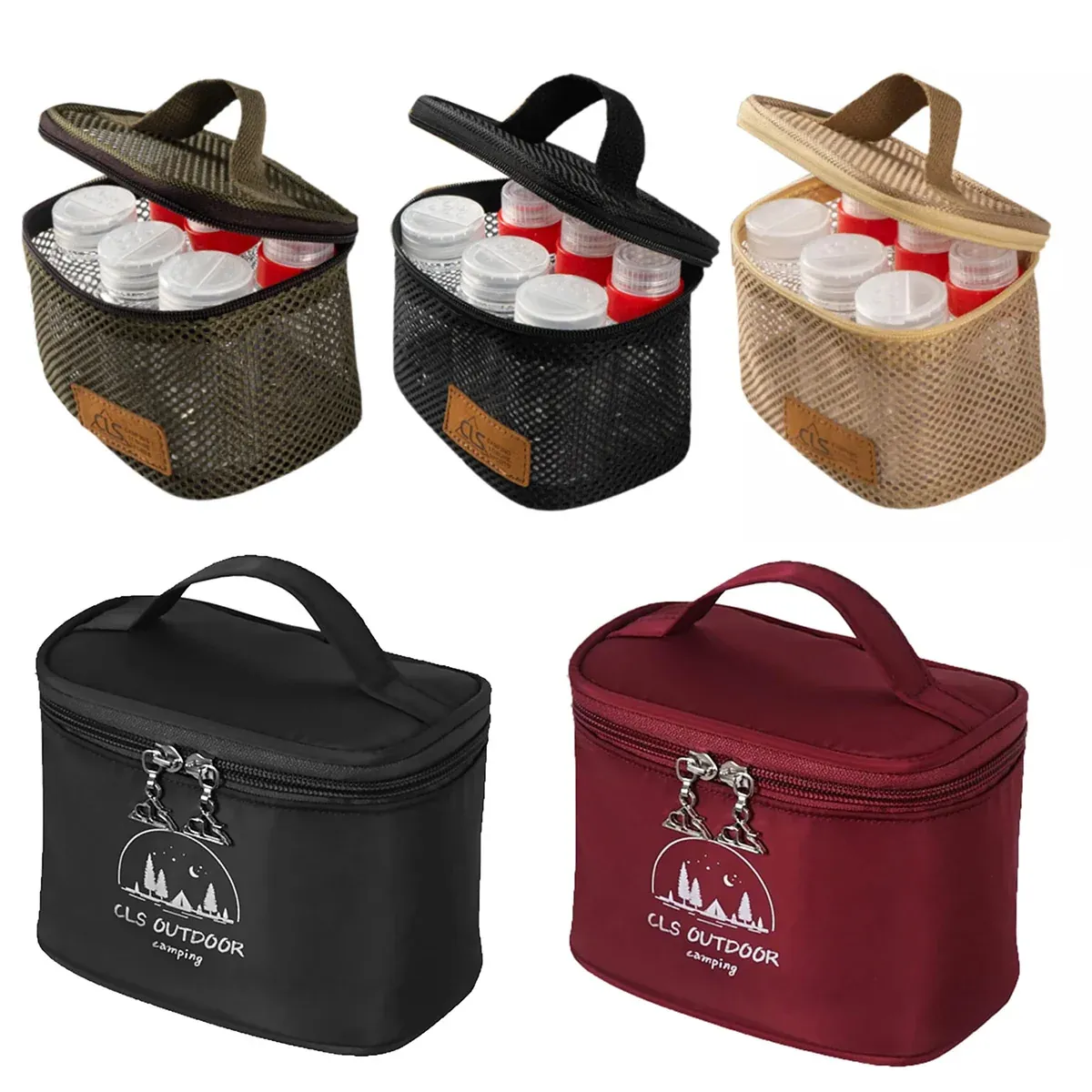 6pcs Mini Seasoning Bottle Set Portable Kitchen BBQ Camping Spice Container Box - Mesh Bag-Khaki — image 3