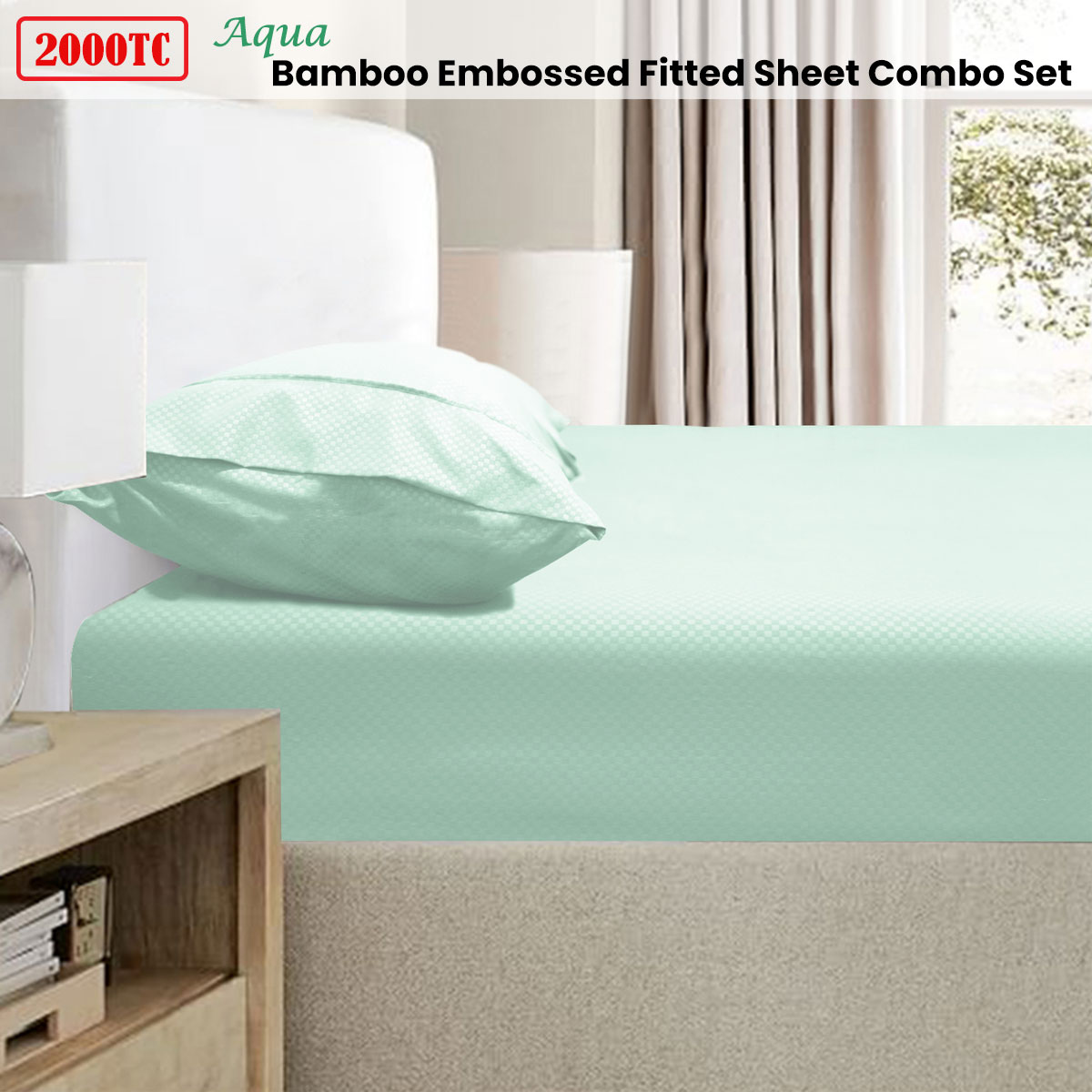 Ramesses 2000TC Bamboo Embossed Fitted Sheet Combo Set Aqua Queen — image 2