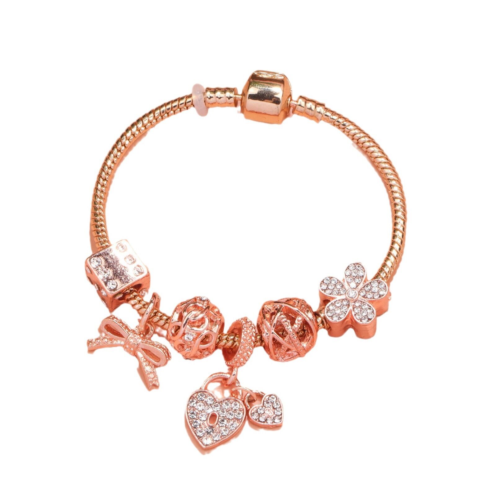 Hollow Out Crystal Flower Heart Bow Charm Bracelet(rose gold, 19cm)