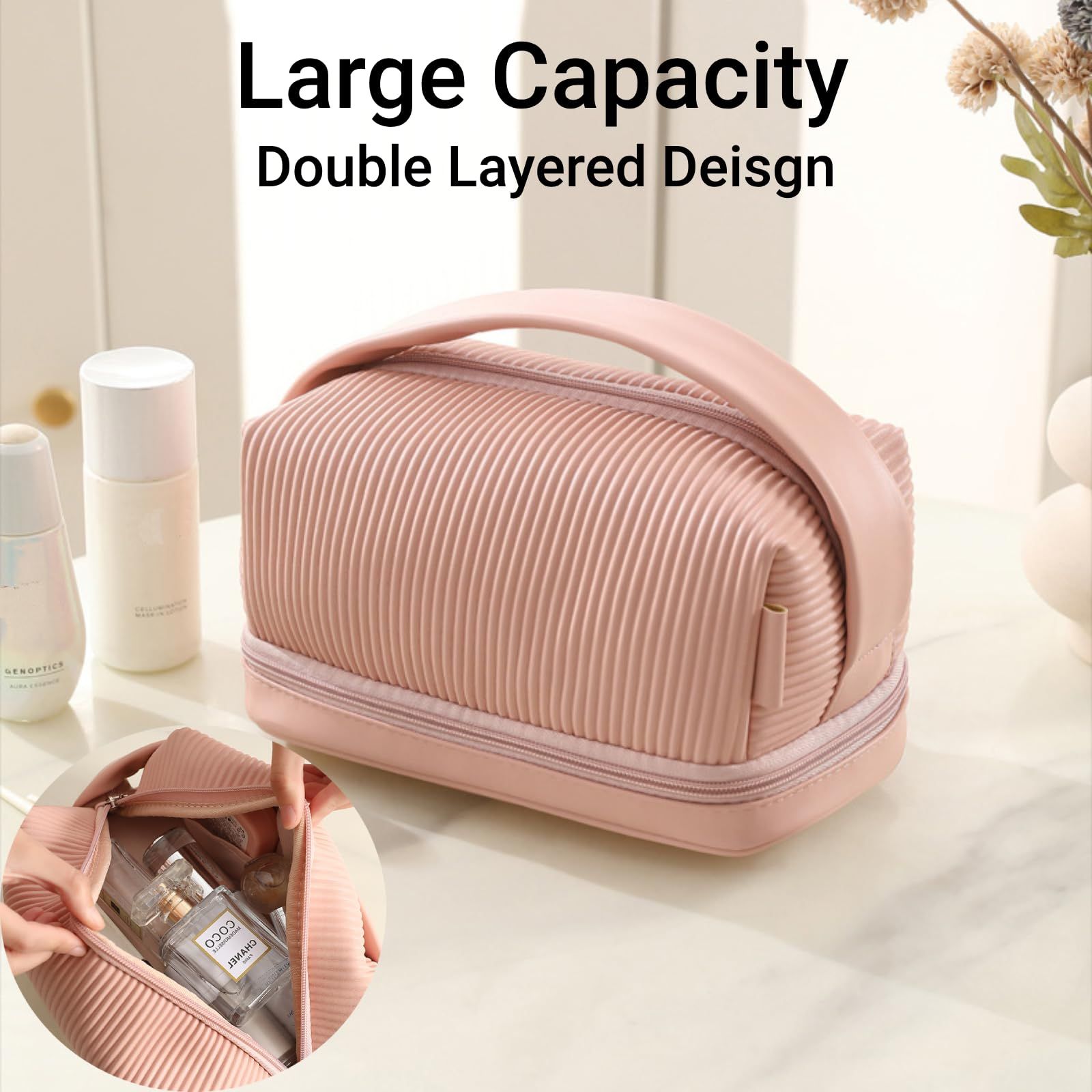 Travel Cosmetic Bag, Toiletry Travel Bag for Makeup, Large Capacity Cosmetic Case Organizer for Women, (Pink) โ image 5