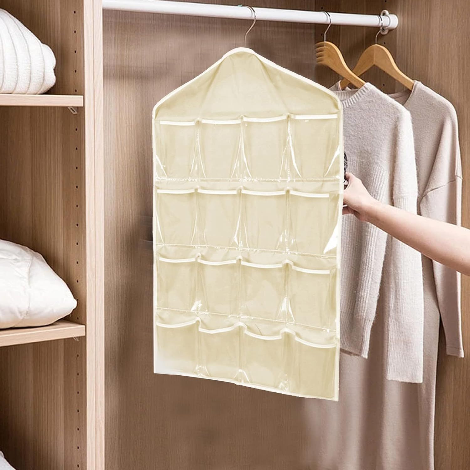 Beige Hanging Storage Bag for Closets, Portable 16 Pockets Hanging Organizer for Socks, Bras and Underwear, Closet Organizers and Storage Closet Bag, Behind — image 2