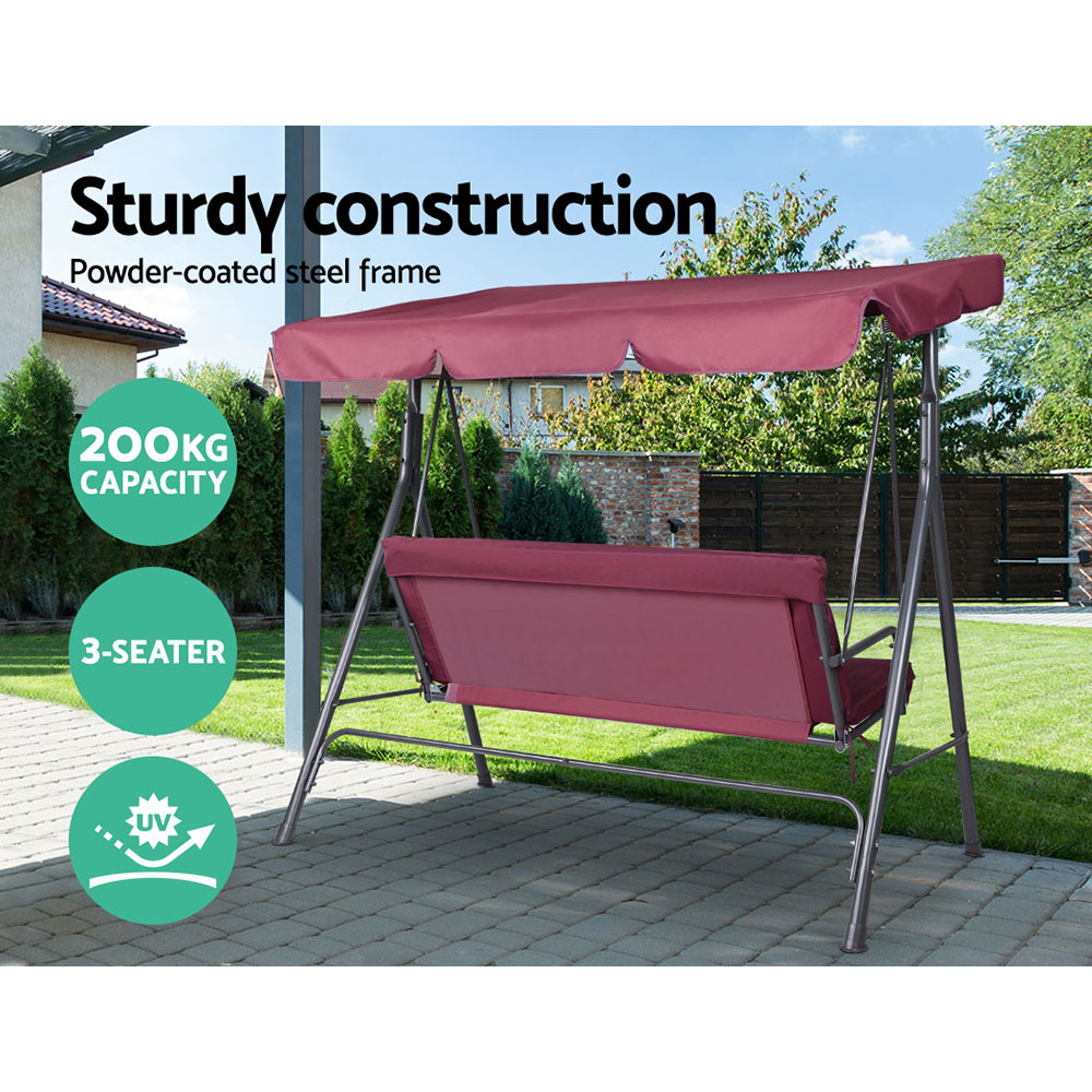 Gardeon Outdoor Swing Chair Garden Bench Furniture Canopy 3 Seater Wine Red โ image 6